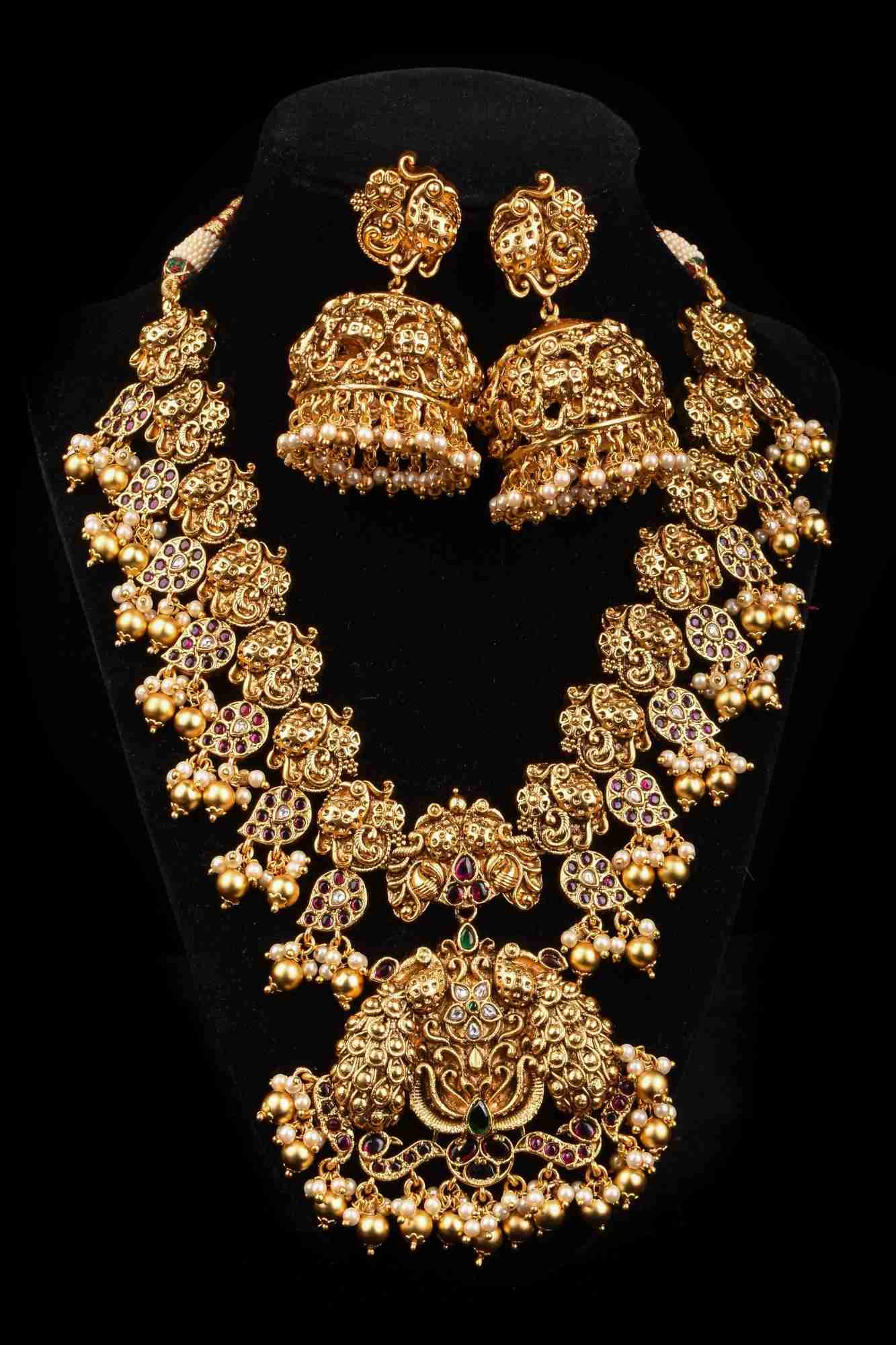 Peacock and Mango Units with Dangling Beads Necklace Set with Matching Earrings