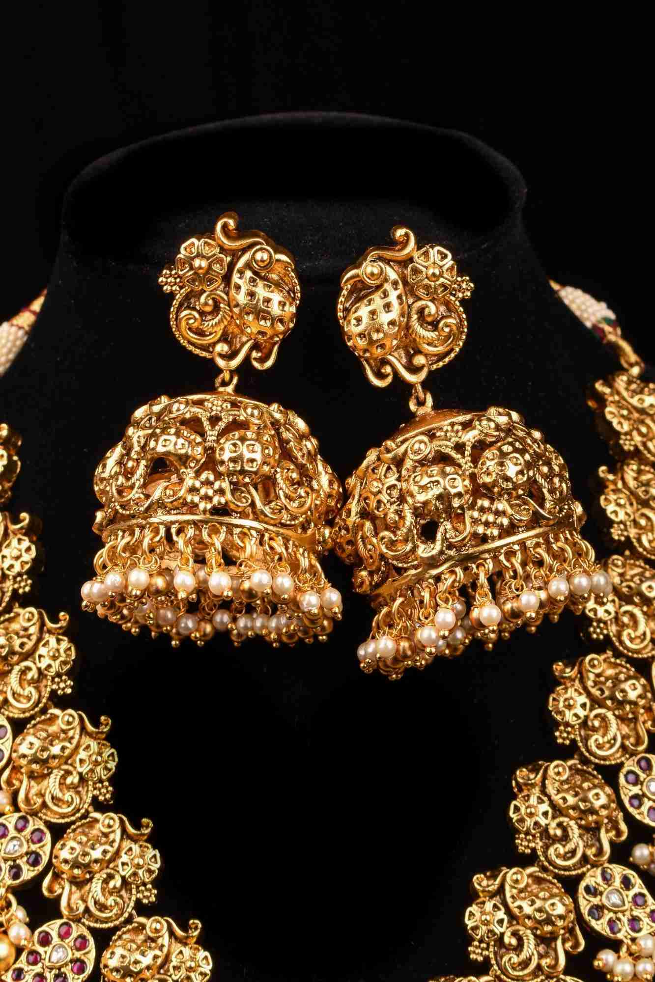 Peacock and Mango Units with Dangling Beads Necklace Set with Matching Earrings