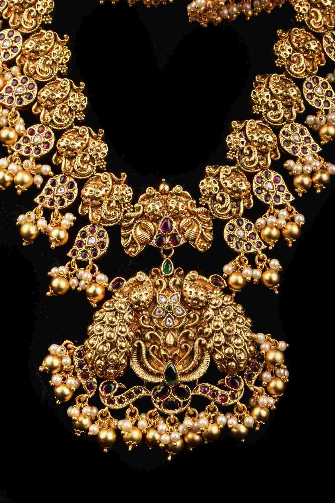 Peacock and Mango Units with Dangling Beads Necklace Set with Matching Earrings