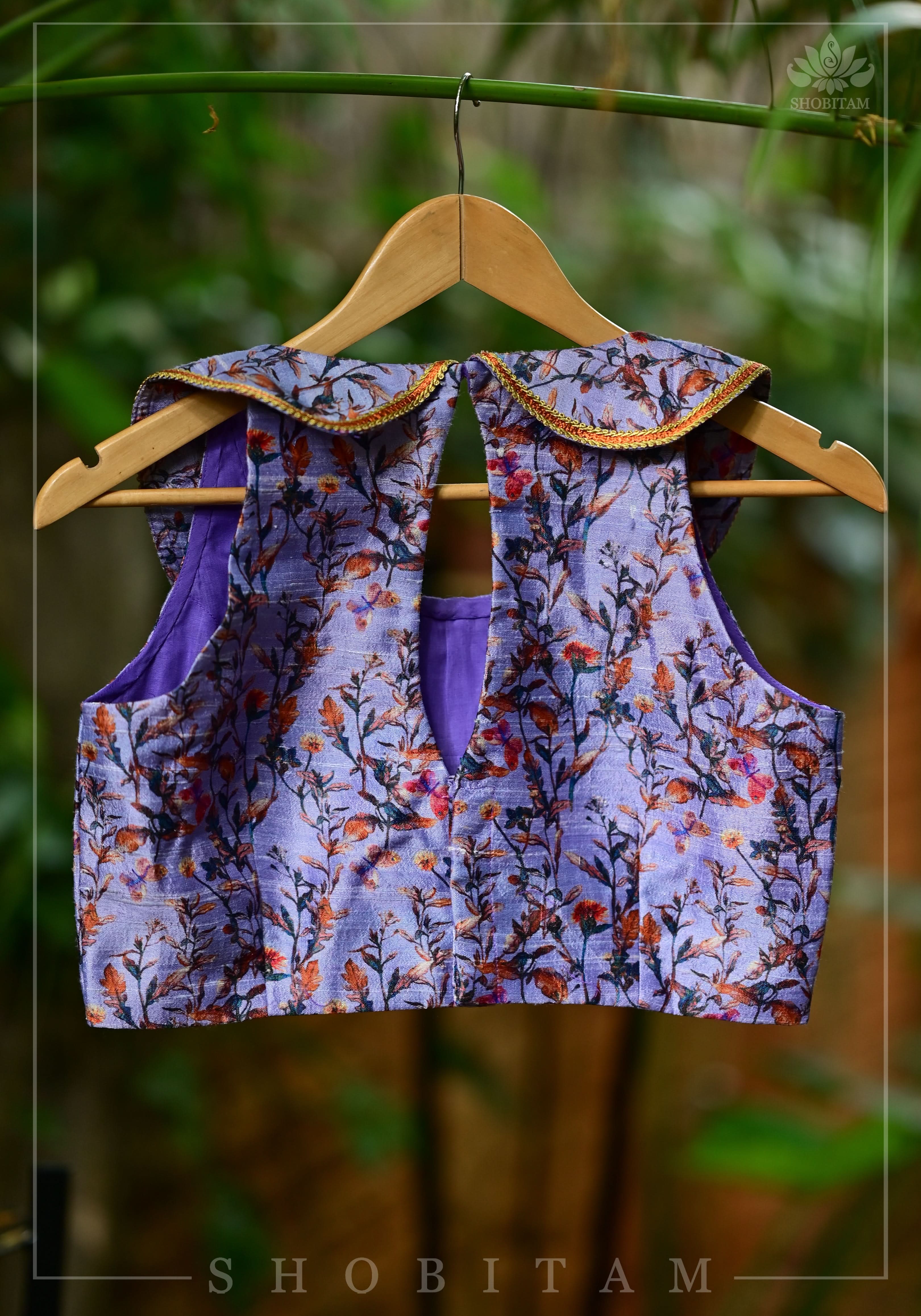 Lavender floral pure rawsilk collared blouse | Shobitam