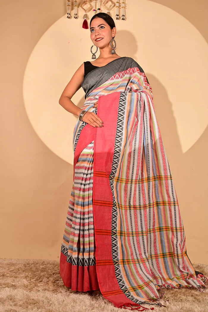 Ready To Wear Multicolor Begampuri weave cotton linen with Tassels on Pallu Wrap in 1 minute saree