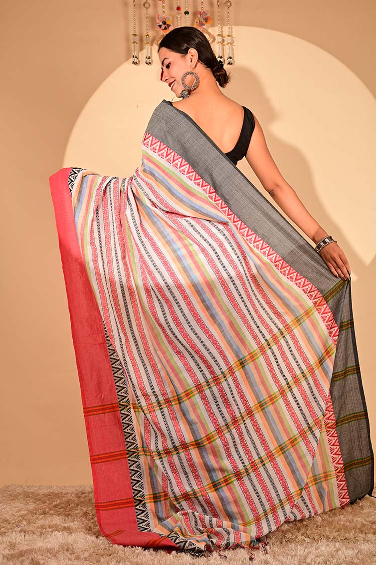 Ready To Wear Begampuri weave cotton linen with Tassels on Pallu Wrap in 1 minute saree - Isadora Life