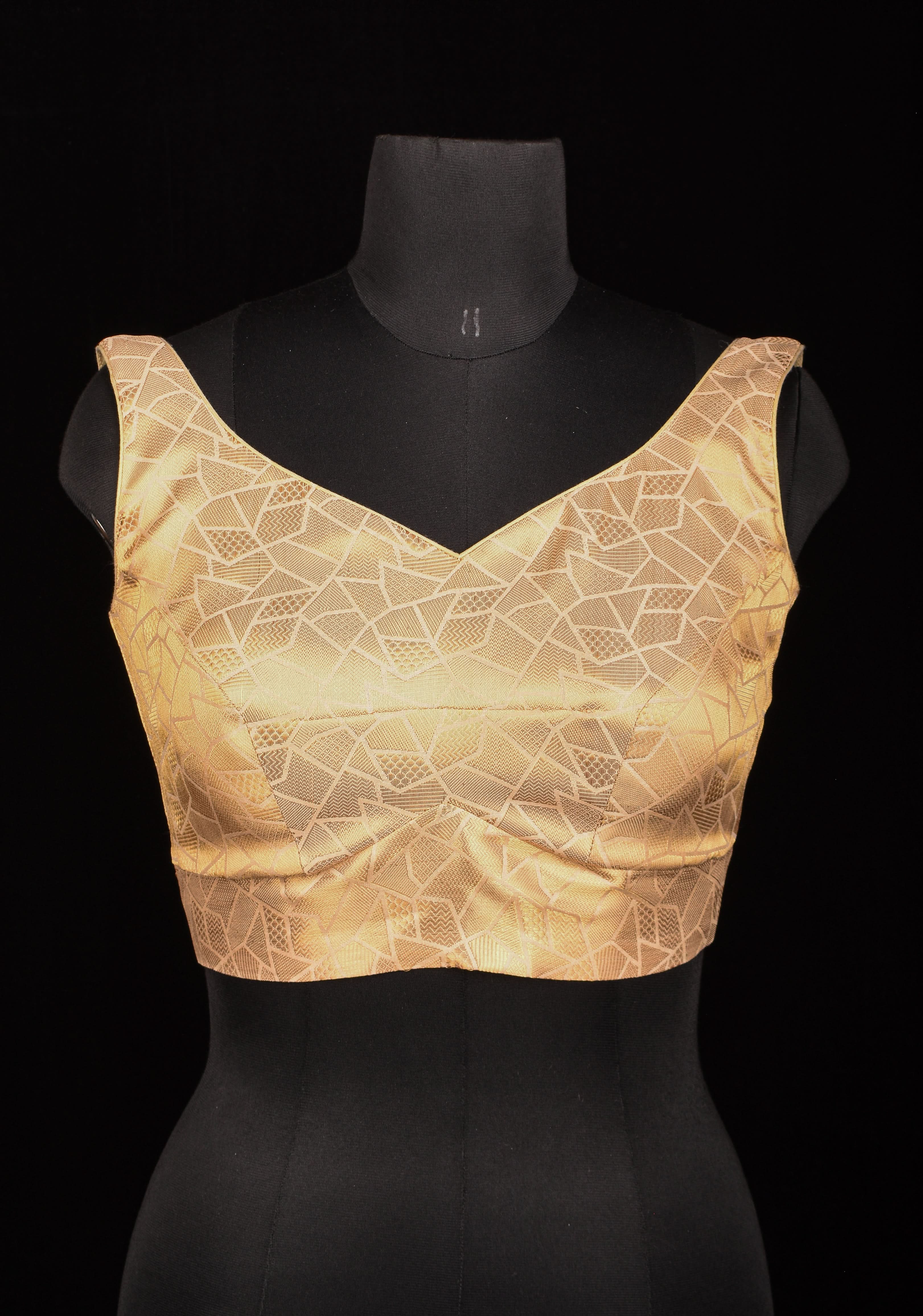 Size 34" Gold Abstract Pattern Brocade Blouse with Leaf Neck and Dori at the Back | Shobitam