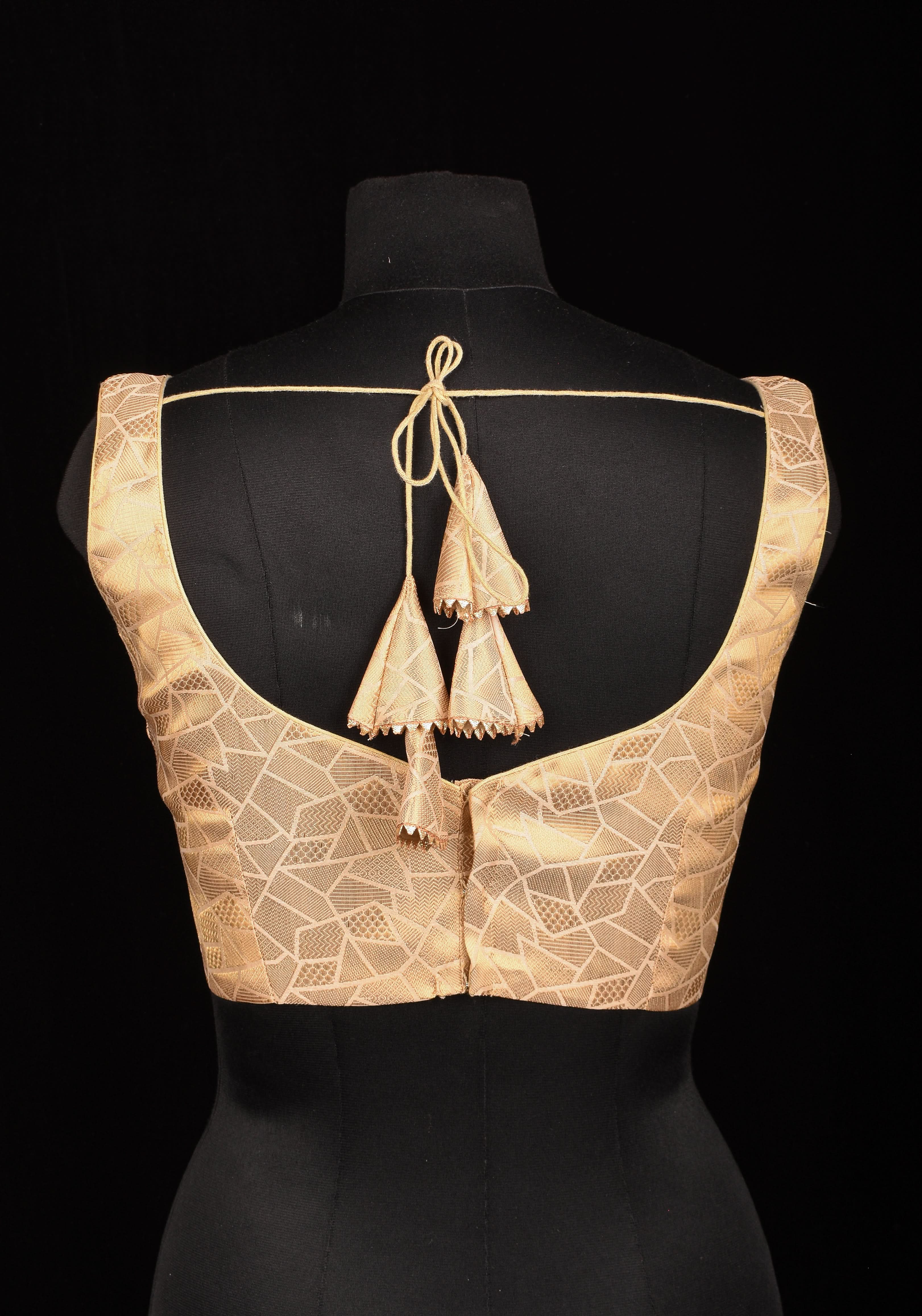 Size 34" Gold Abstract Pattern Brocade Blouse with Leaf Neck and Dori at the Back | Shobitam