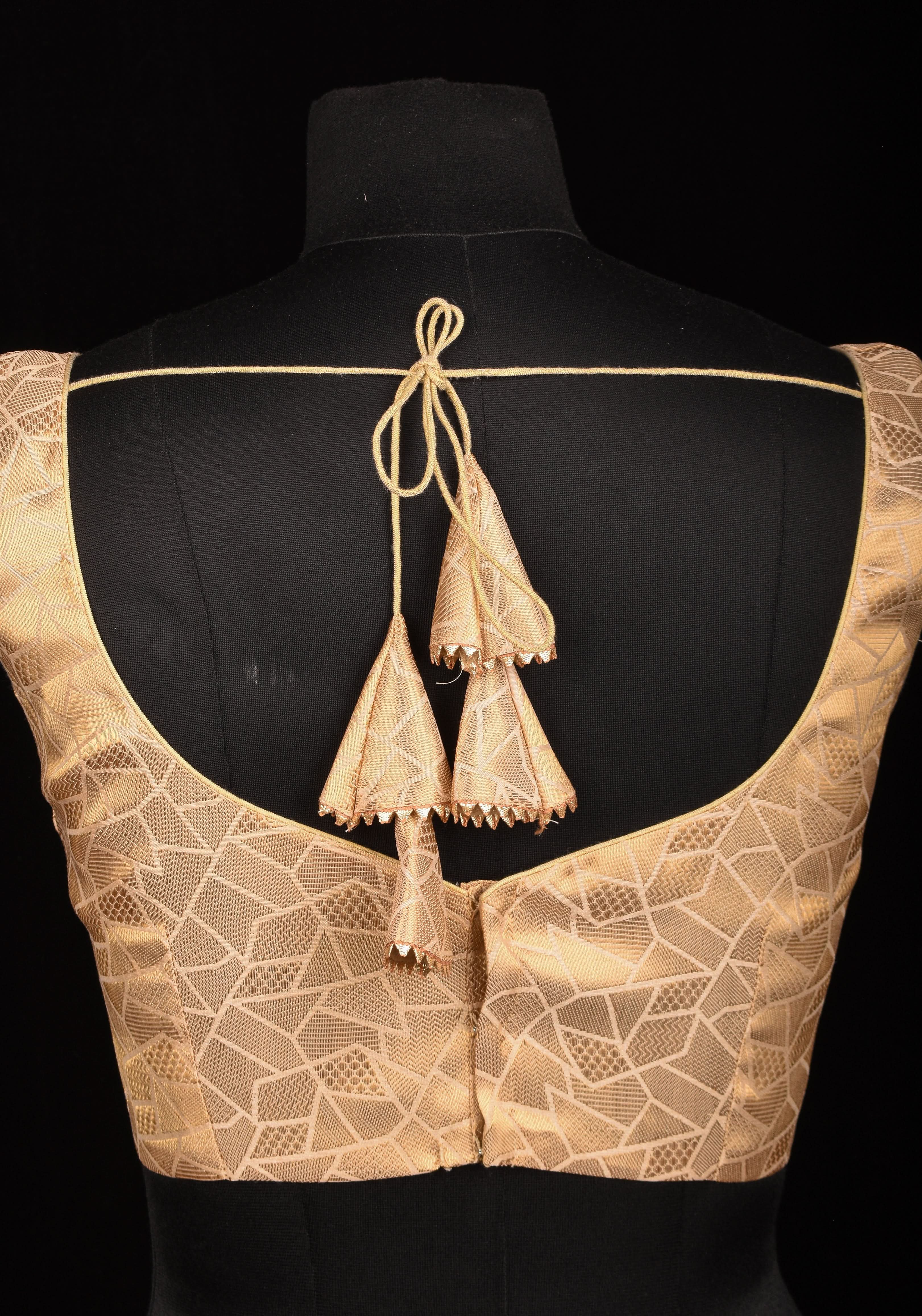 Size 34" Gold Abstract Pattern Brocade Blouse with Leaf Neck and Dori at the Back | Shobitam