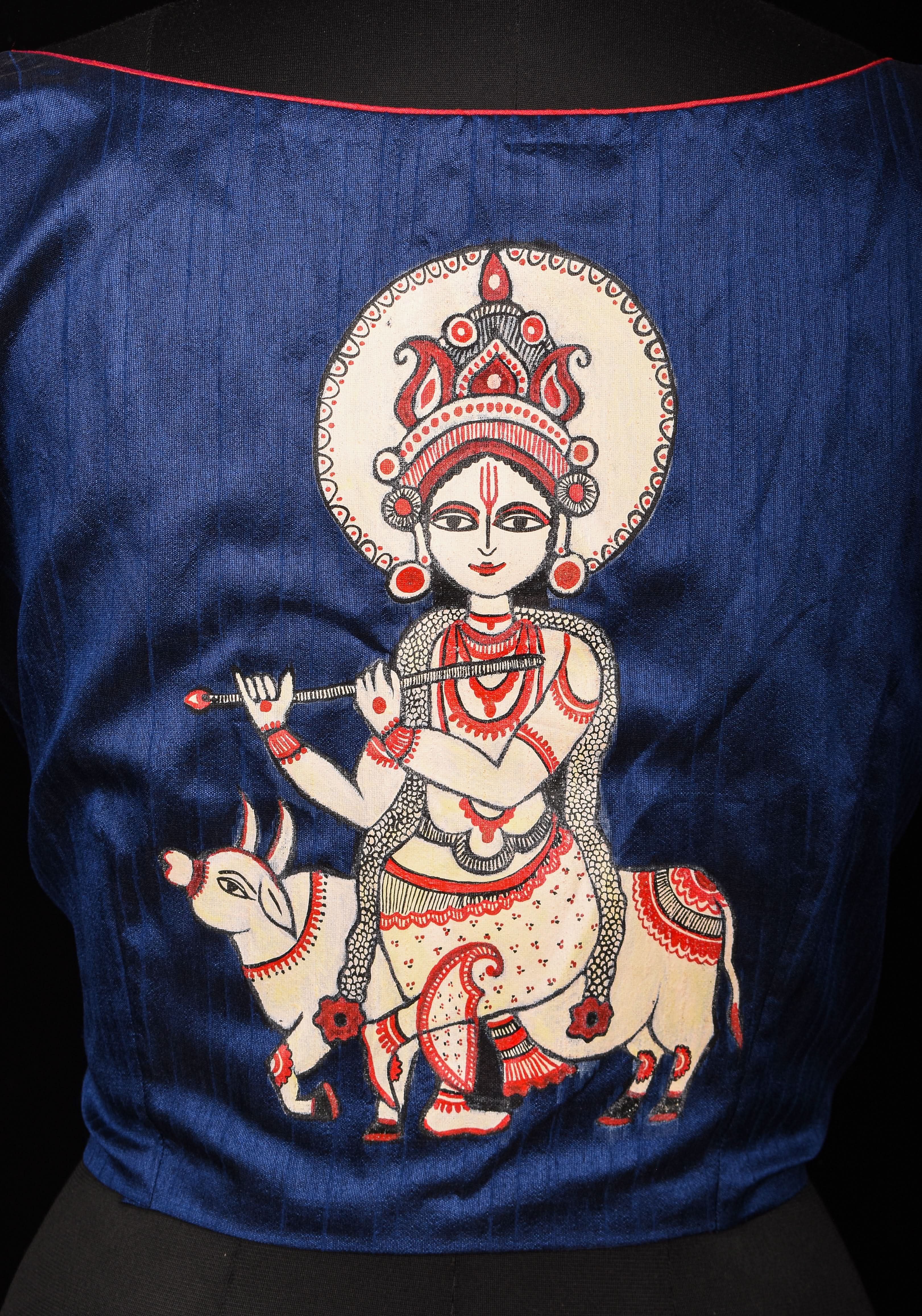 Size 42" Blue Krishna Hand Painted Blouse | Shobitam