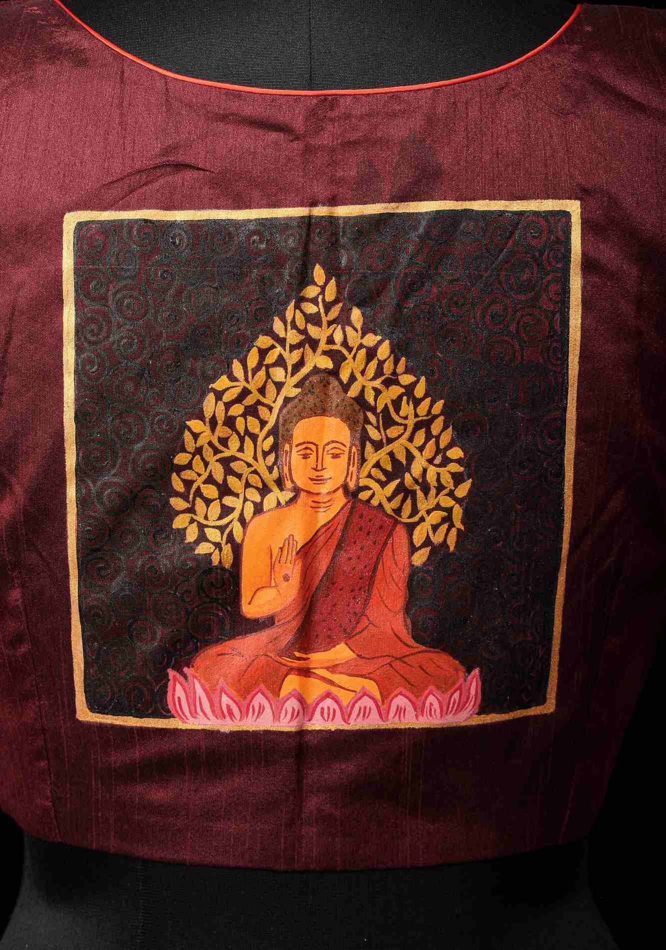 Size 36: Meditating Buddha - Authentic Hand painting on maroon semi silk blouse