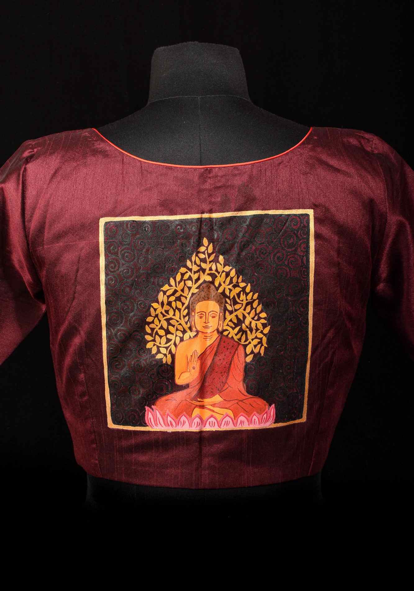 Size 36: Meditating Buddha - Authentic Hand painting on maroon semi silk blouse