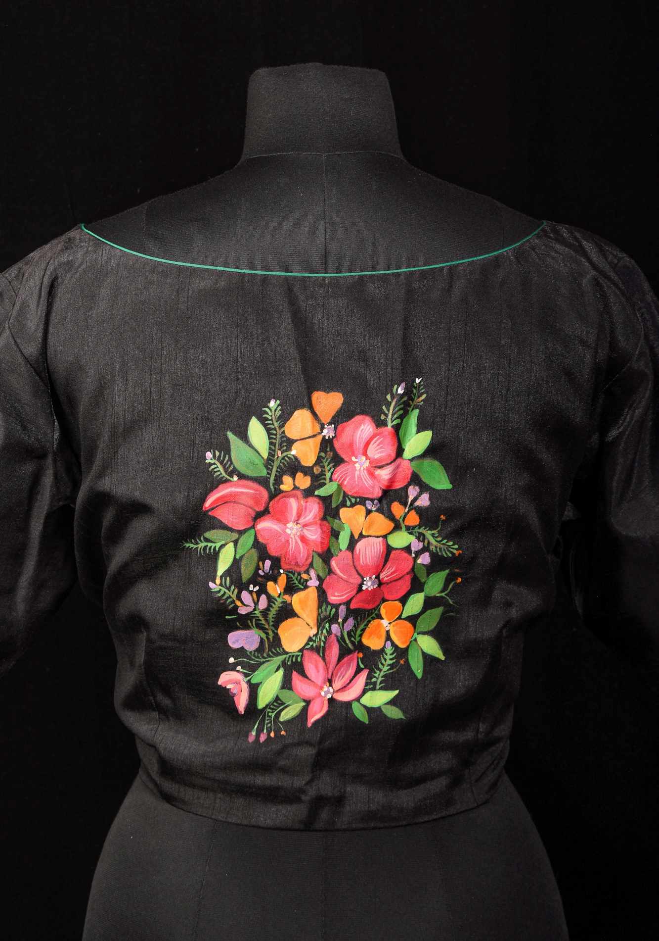 Floral - Authentic Hand painting on Black semi silk blouse