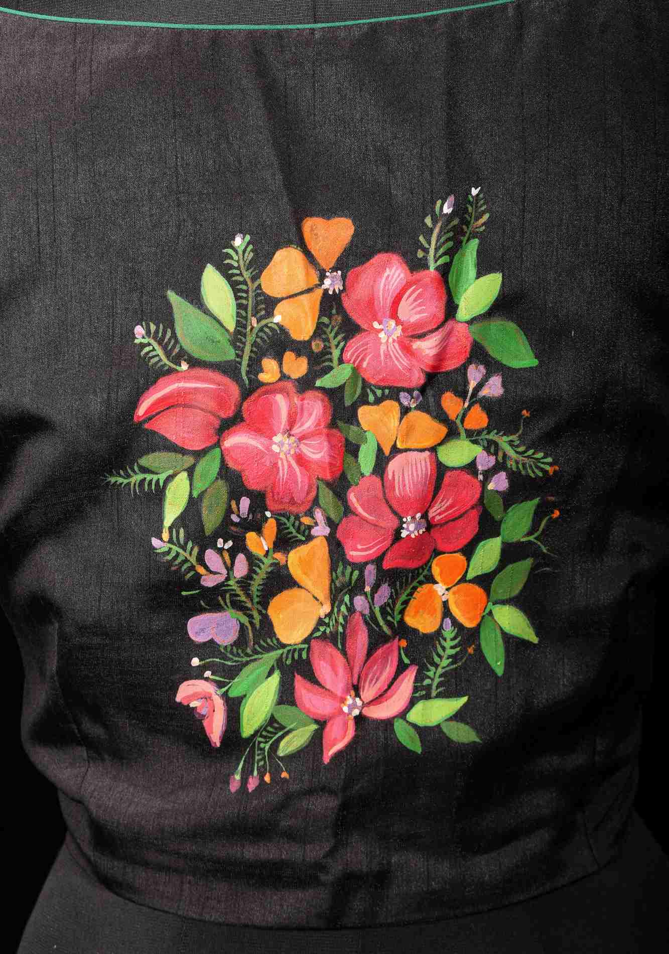 Floral - Authentic Hand painting on Black semi silk blouse