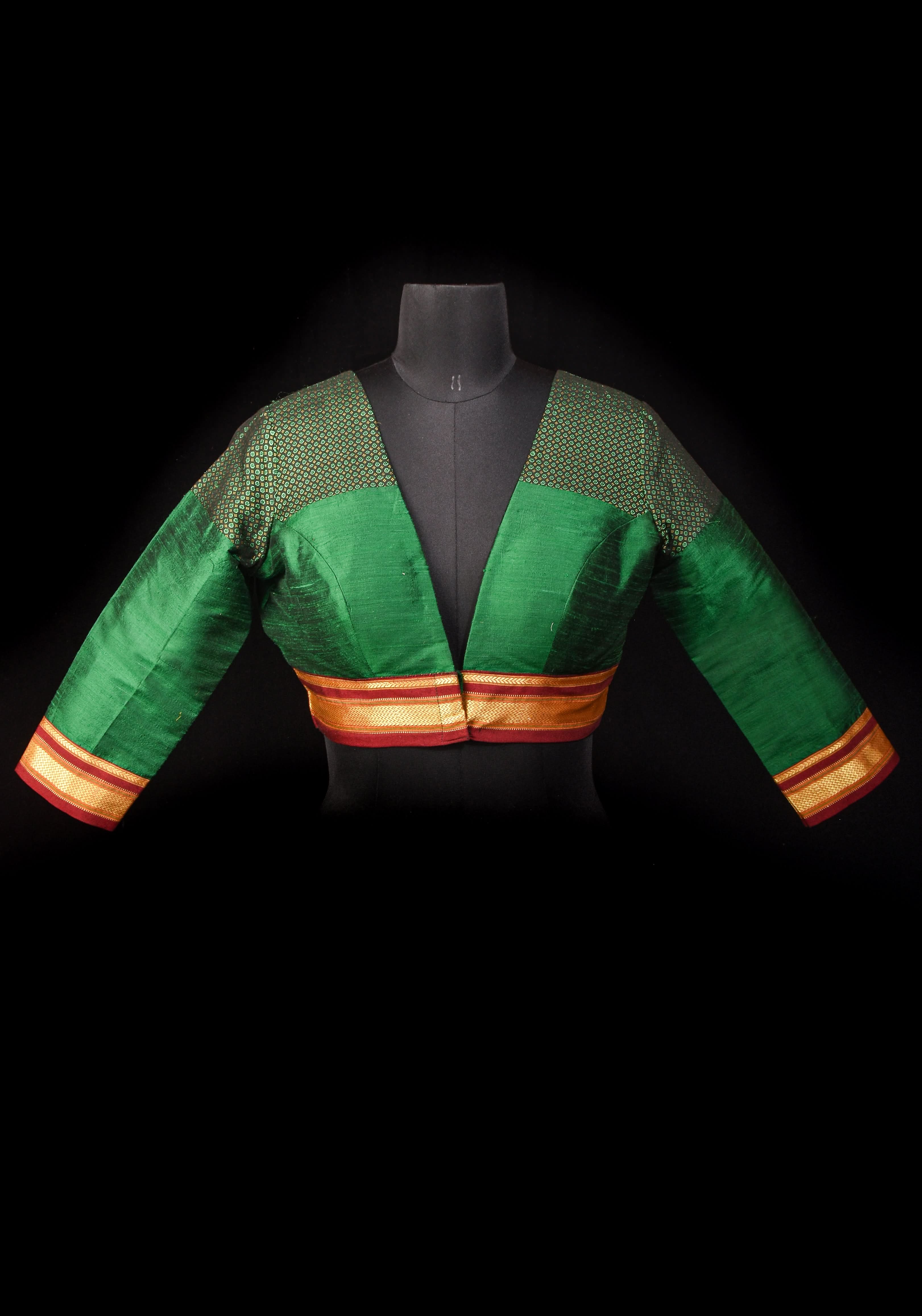 Emerald Green Pure Raw Silk Blouse with Plunge Neck and Khun detailing, Customizable, made to order | Shobitam