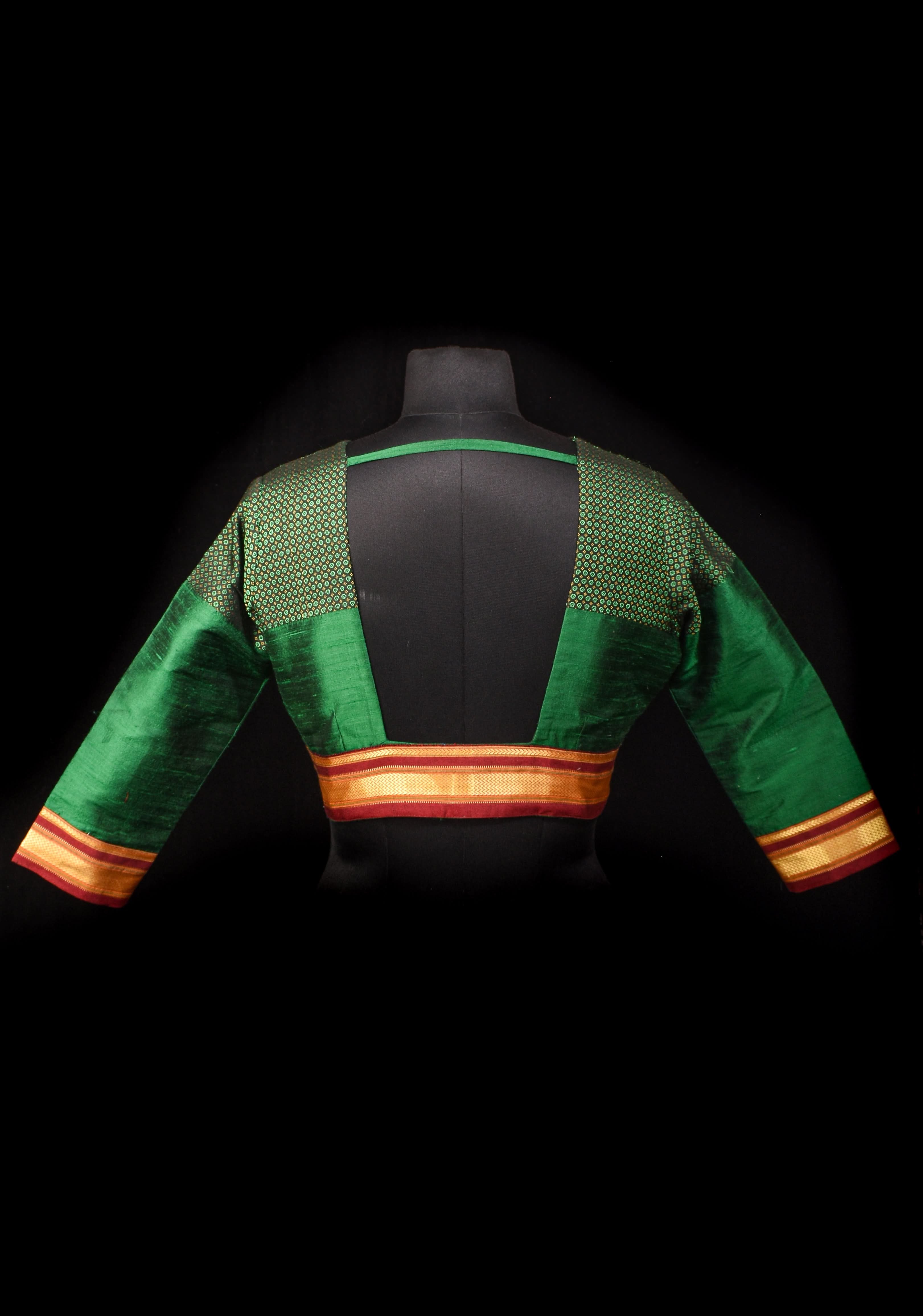 Emerald Green Pure Raw Silk Blouse with Plunge Neck and Khun detailing, Customizable, made to order | Shobitam
