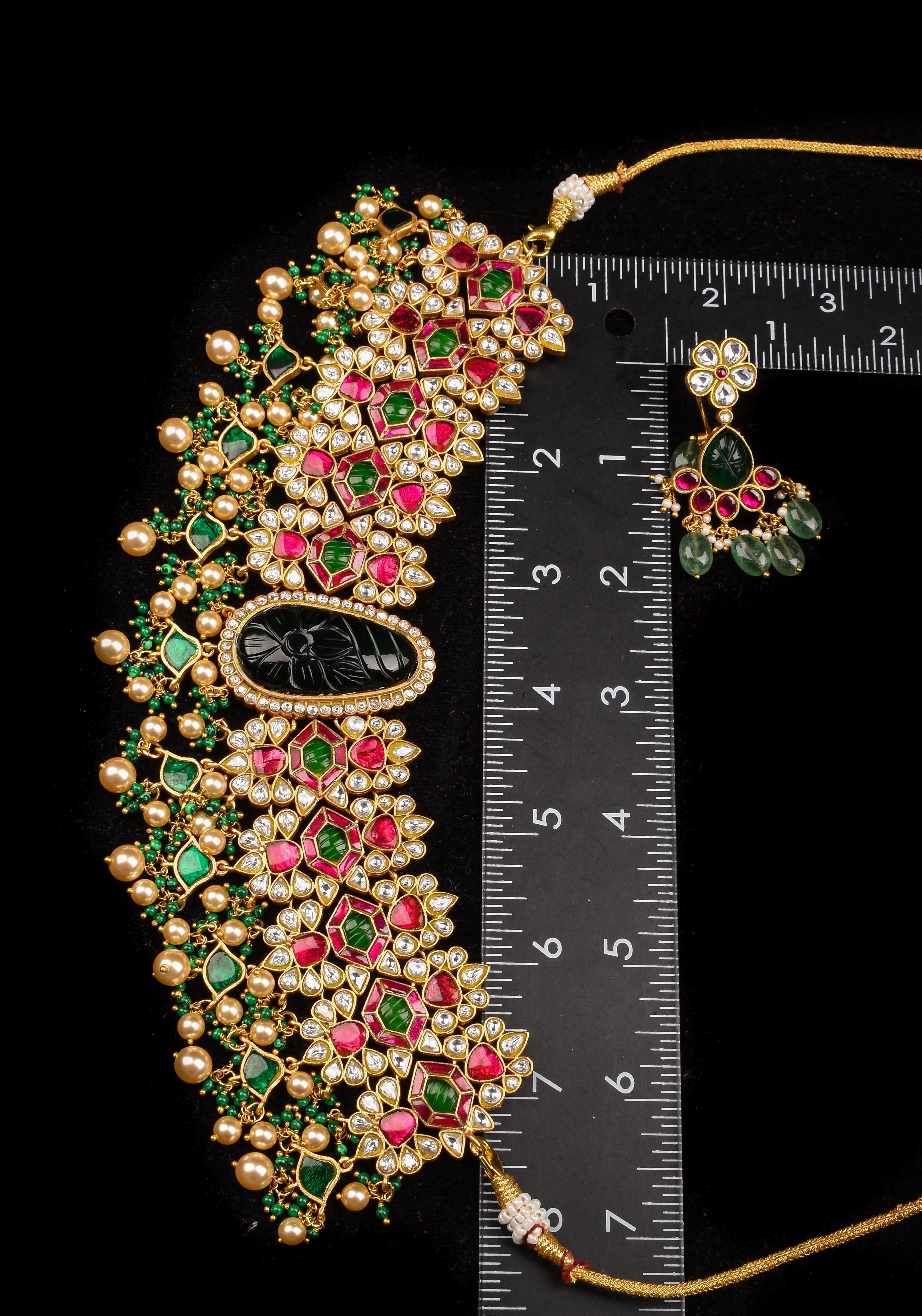 Traditional Jadau Kundan Choker Set With Dangling Pearls And Matching Earrings | SHOBITAM
