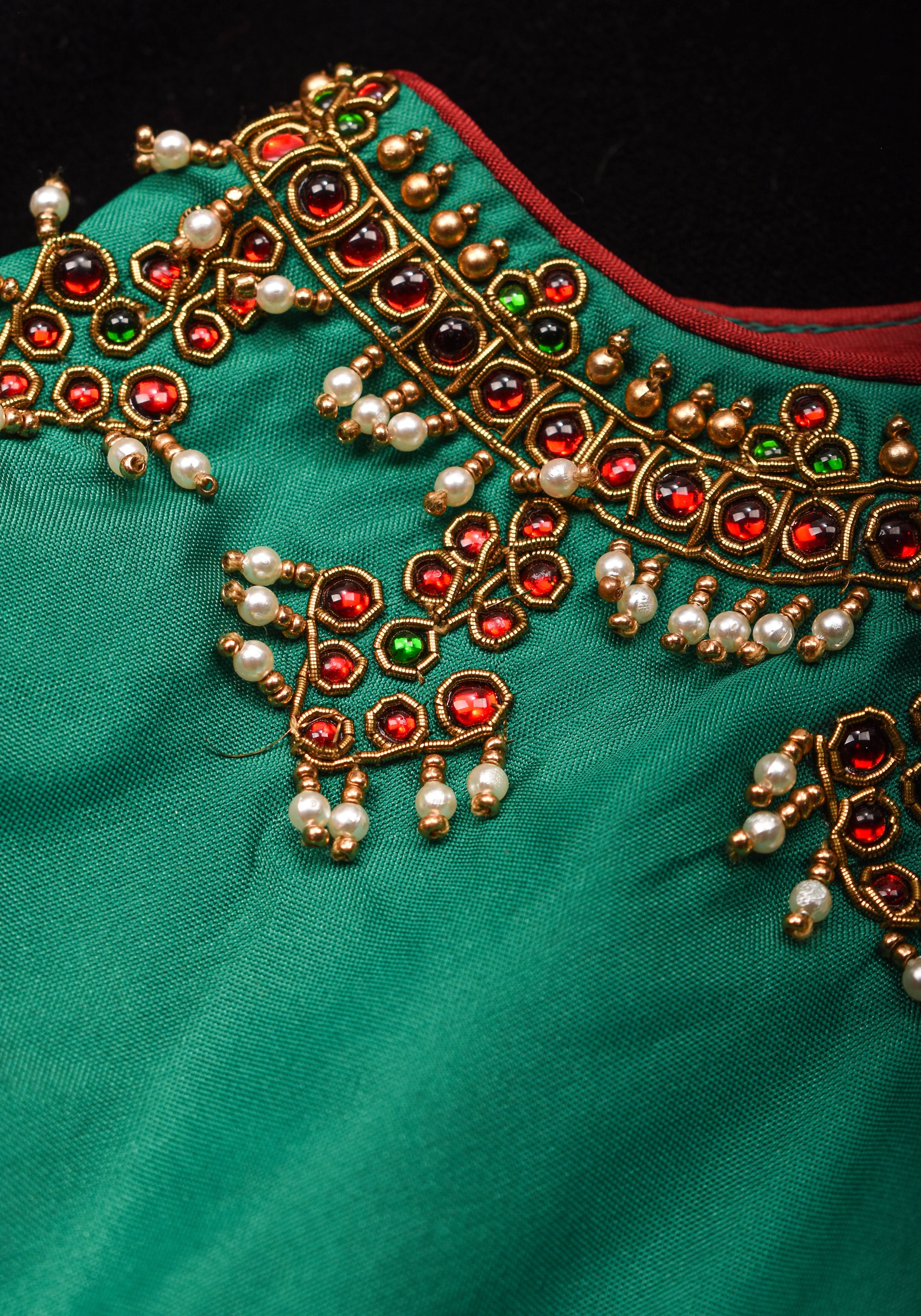 Green Necklace Design Jadau Ornamental Sleeveless Blouse in Emerald Green Silk , Made to Order | Shobitam