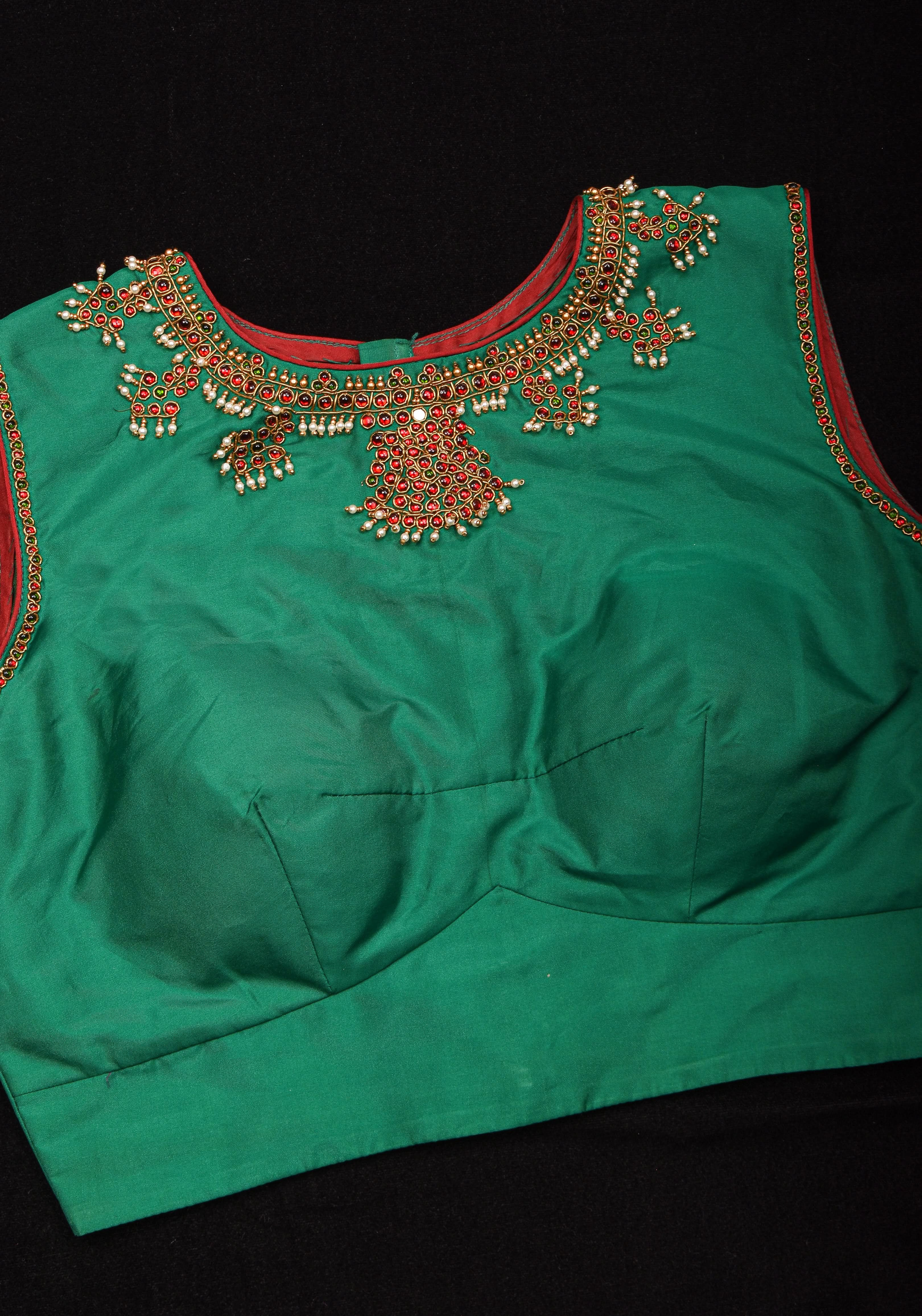 Green Necklace Design Jadau Ornamental Sleeveless Blouse in Emerald Green Silk , Made to Order | Shobitam