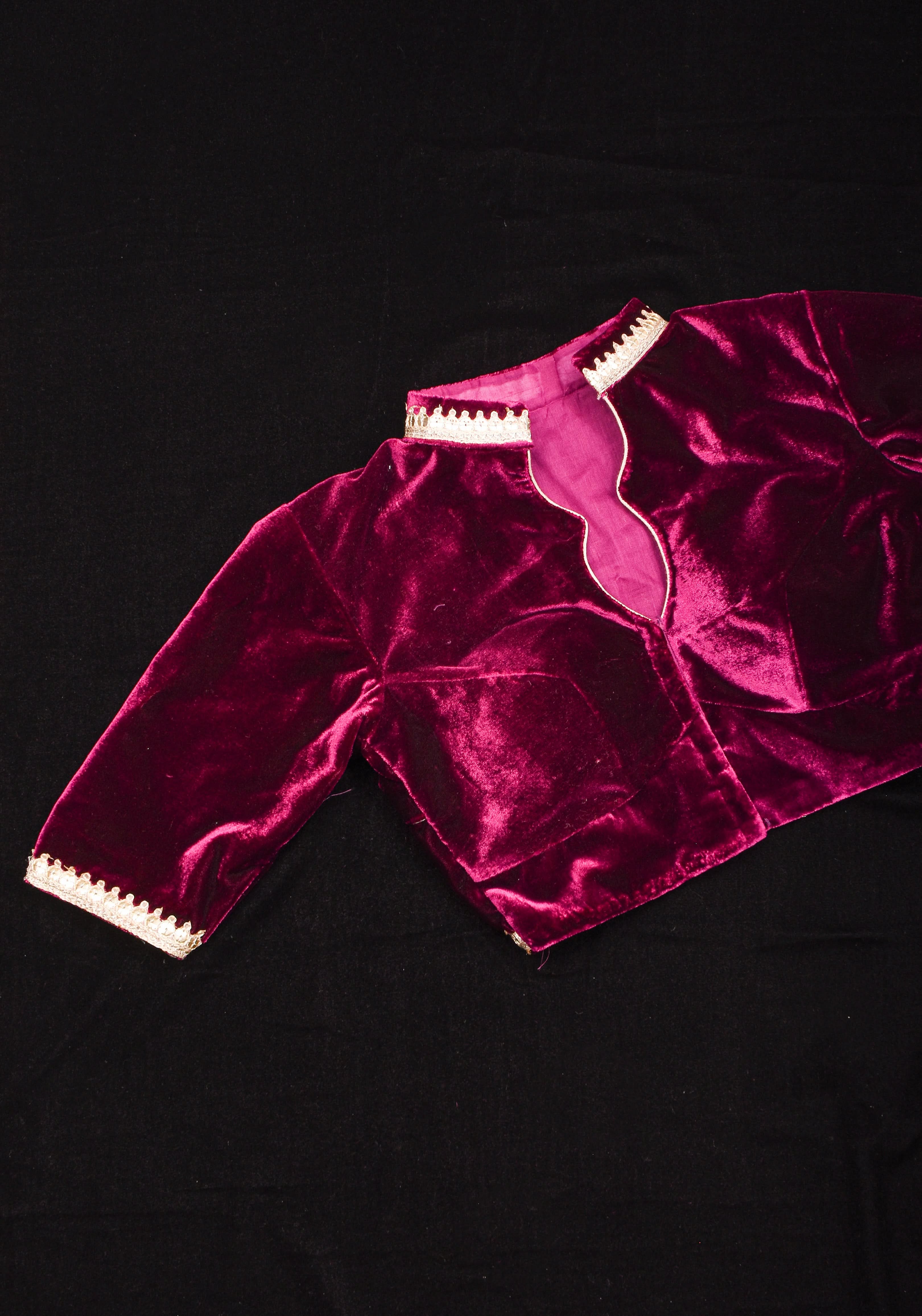Purple Velvet Blouse with Double Keyhole Neck, back cutout and Gota Patti Detailing | Shobitam