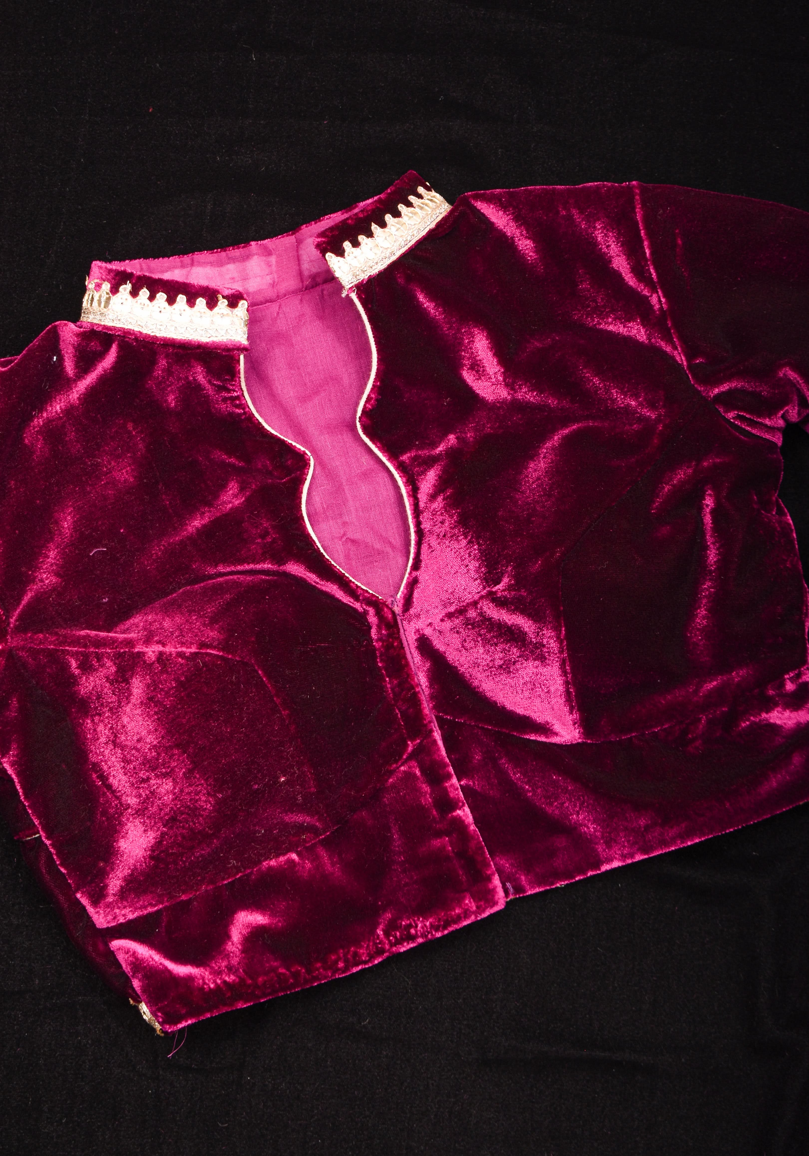 Purple Velvet Blouse with Double Keyhole Neck, back cutout and Gota Patti Detailing | Shobitam