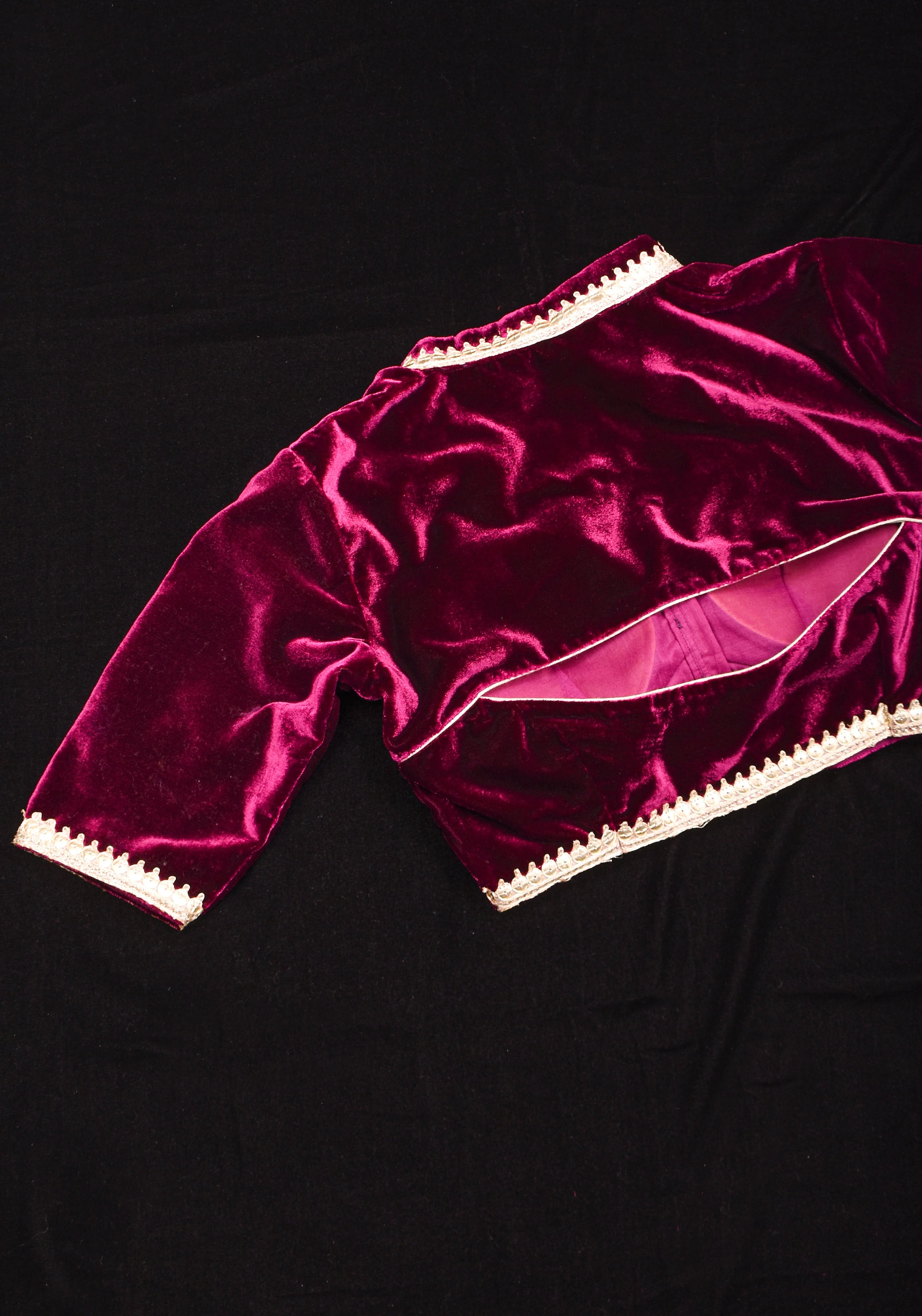 Purple Velvet Blouse with Double Keyhole Neck, back cutout and Gota Patti Detailing | Shobitam