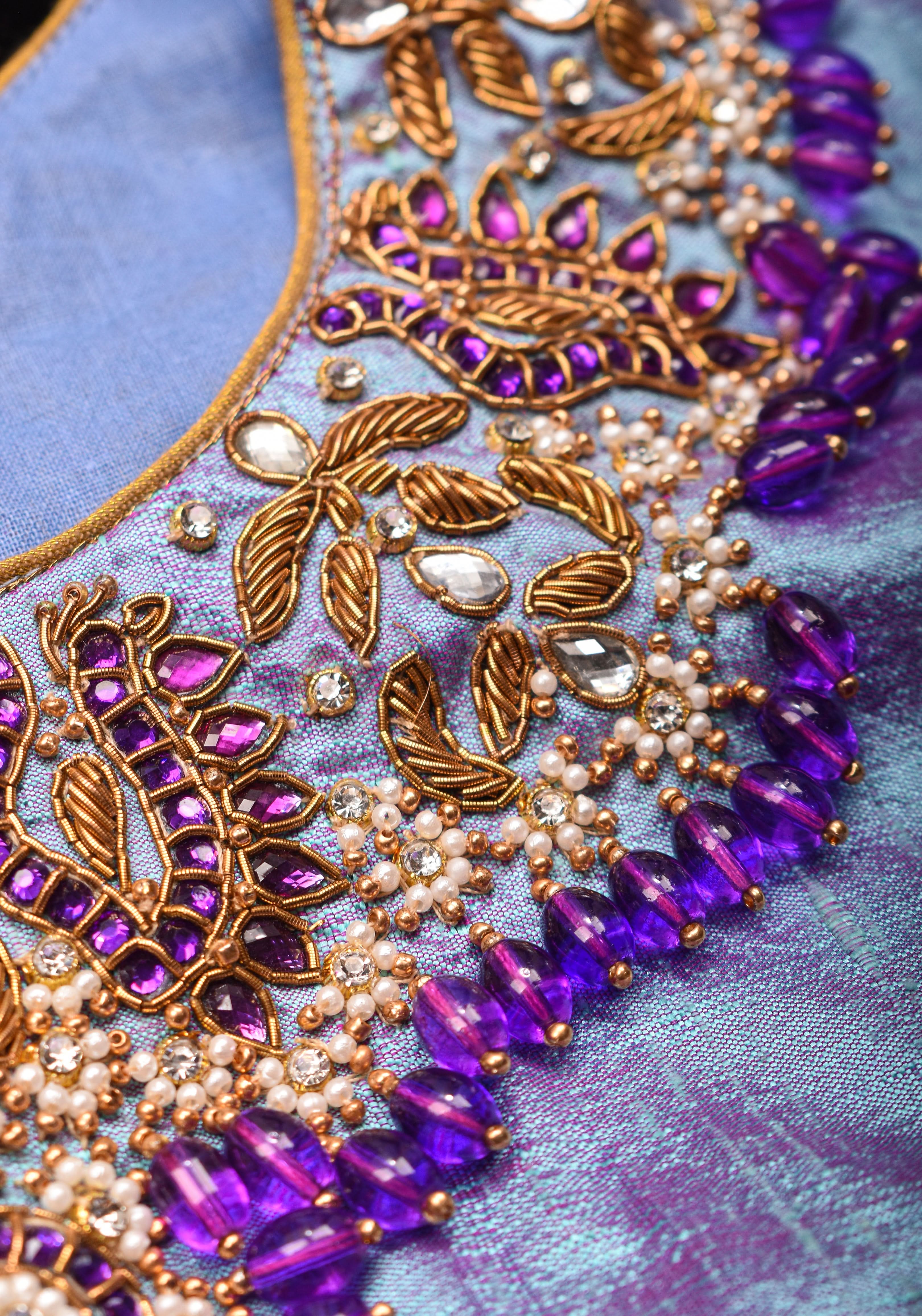 Periwinkle Pure Raw Silk blouse with Necklace and bajubandh hand jadau embroidery, Made to Order | Shobitam