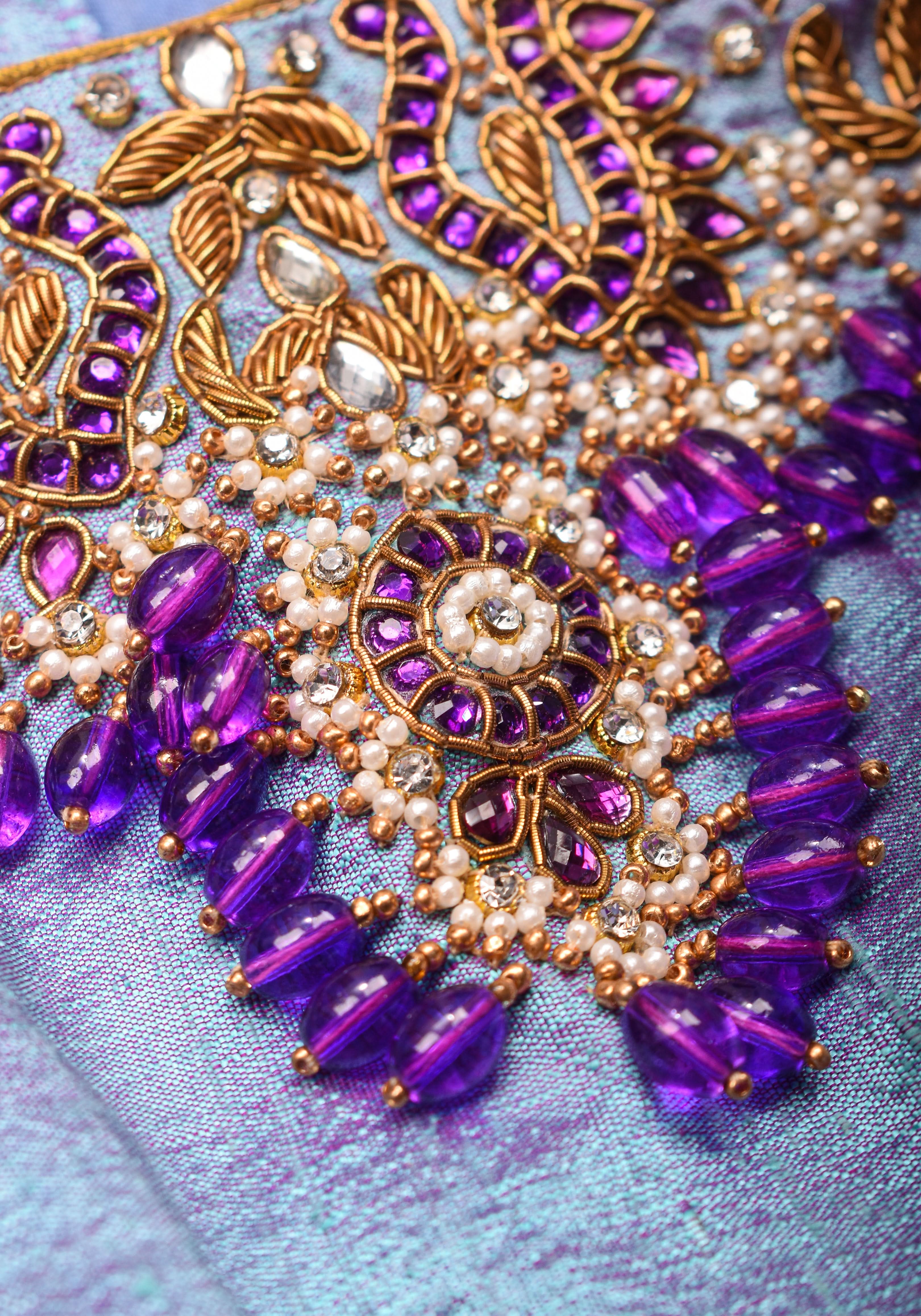 Periwinkle Pure Raw Silk blouse with Necklace and bajubandh hand jadau embroidery, Made to Order | Shobitam
