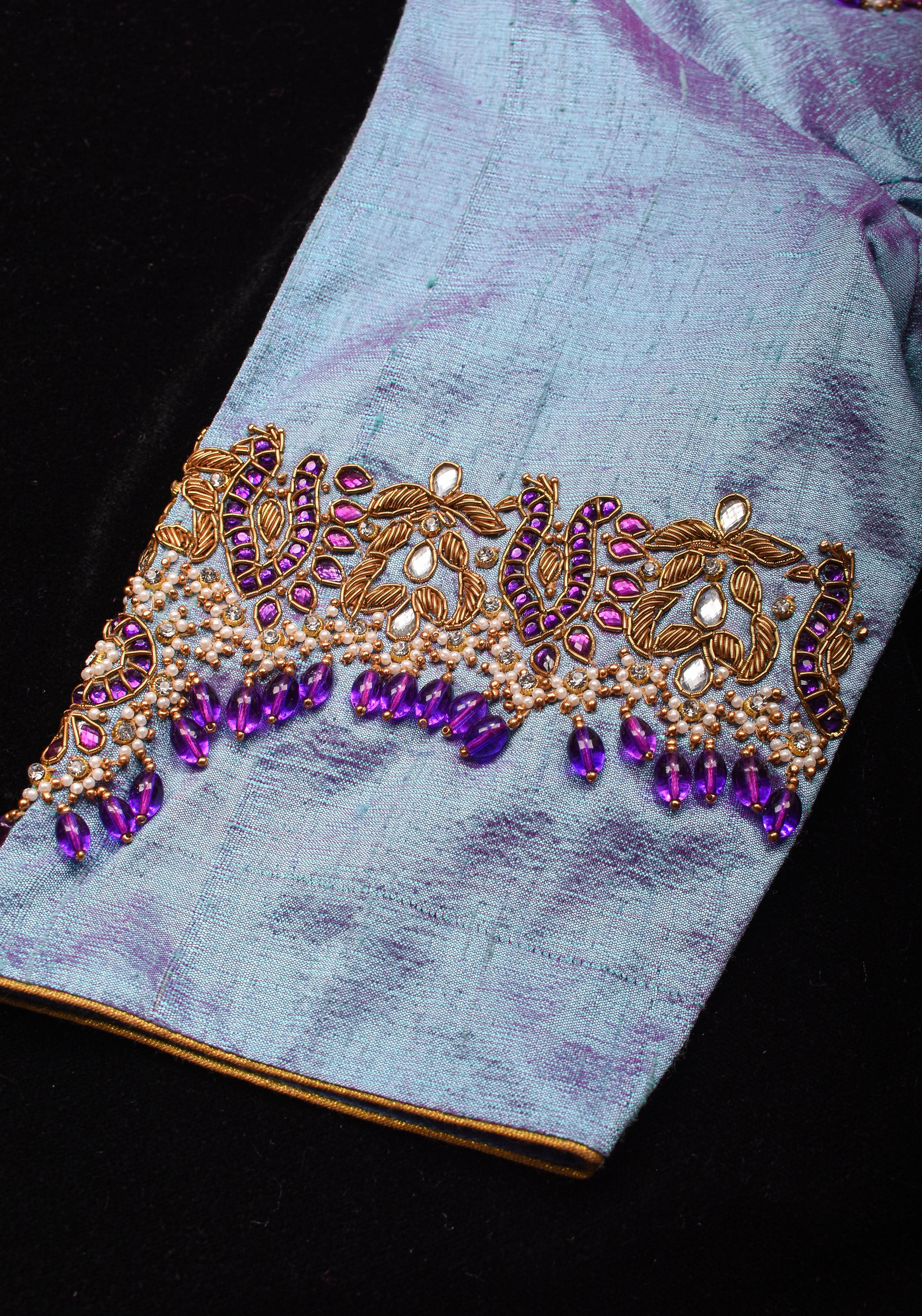 Periwinkle Pure Raw Silk blouse with Necklace and bajubandh hand jadau embroidery, Made to Order | Shobitam