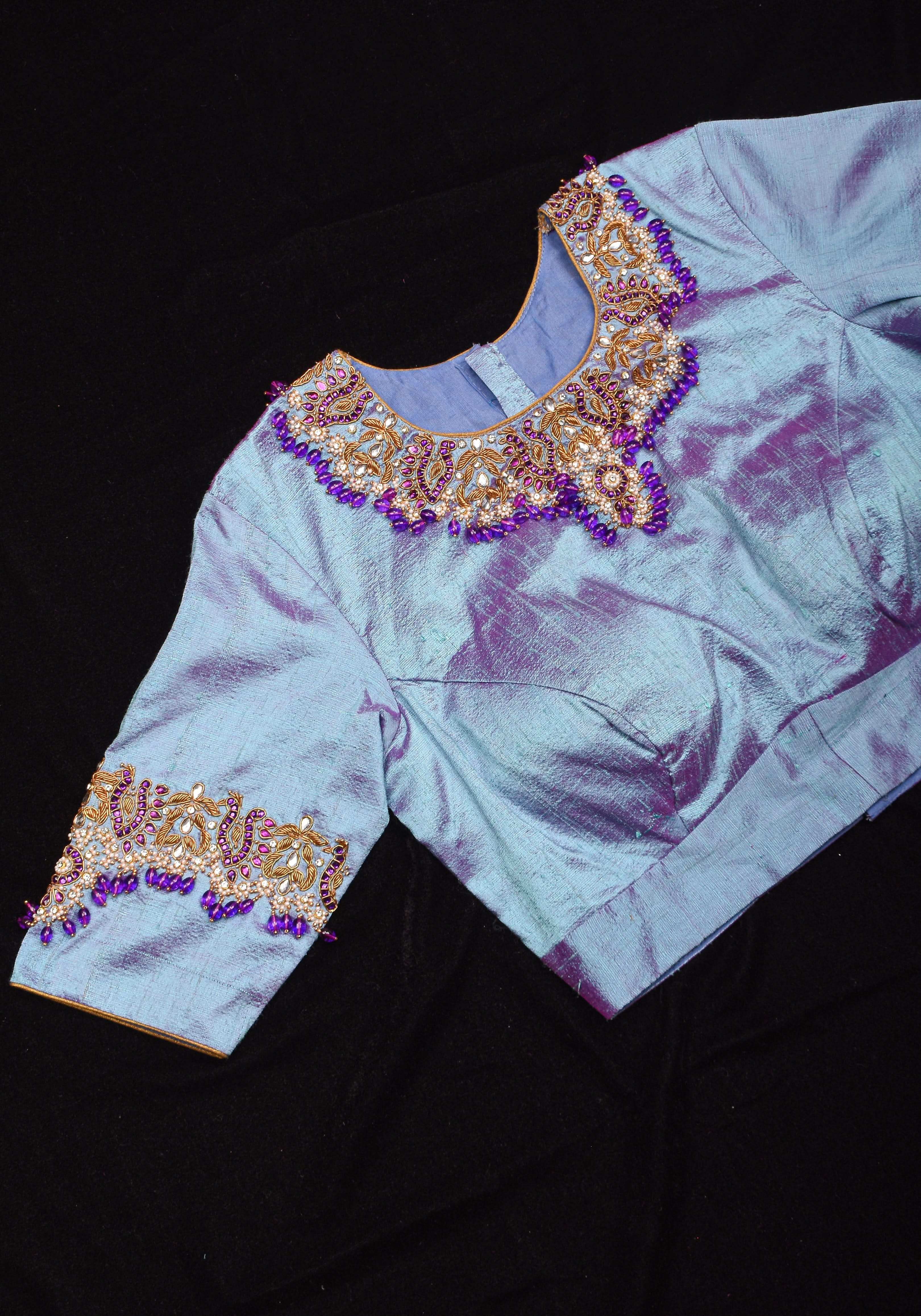 Periwinkle Pure Raw Silk blouse with Necklace and bajubandh hand jadau embroidery, Made to Order | Shobitam