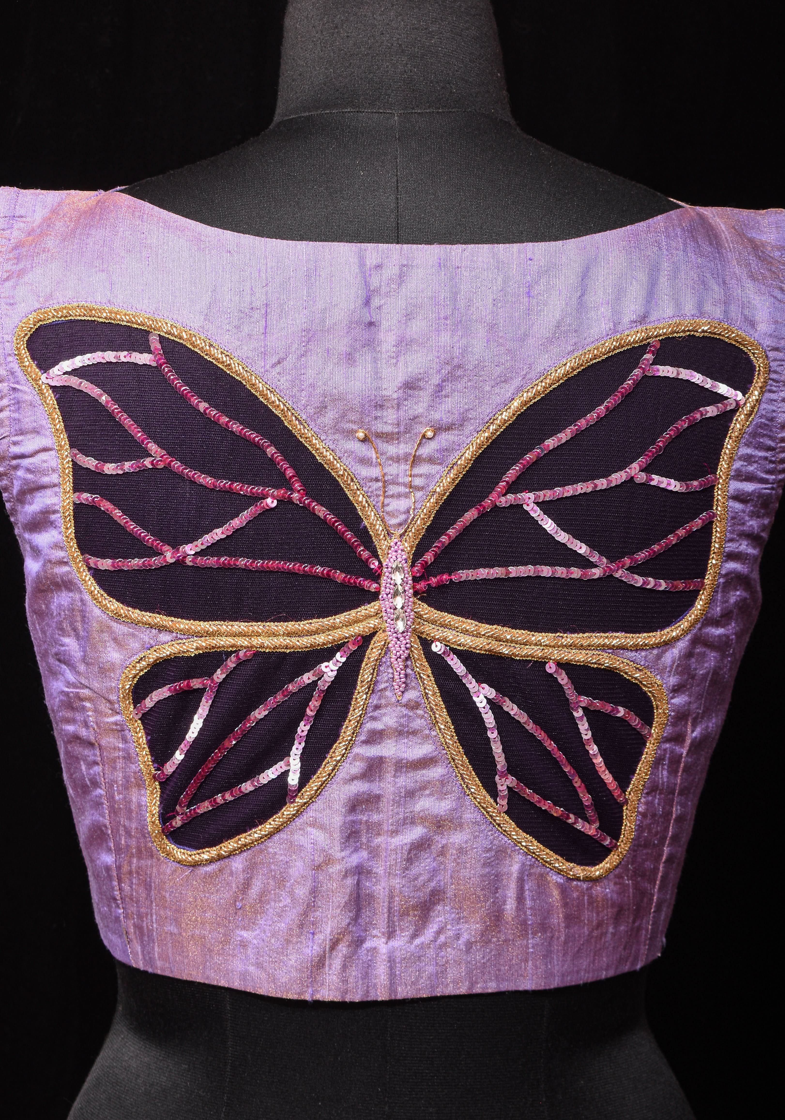Lavender Pure Tissue Raw Silk blouse with Butterfly Cutout tone on tone embellishments, customizable, made to order | Shobitam