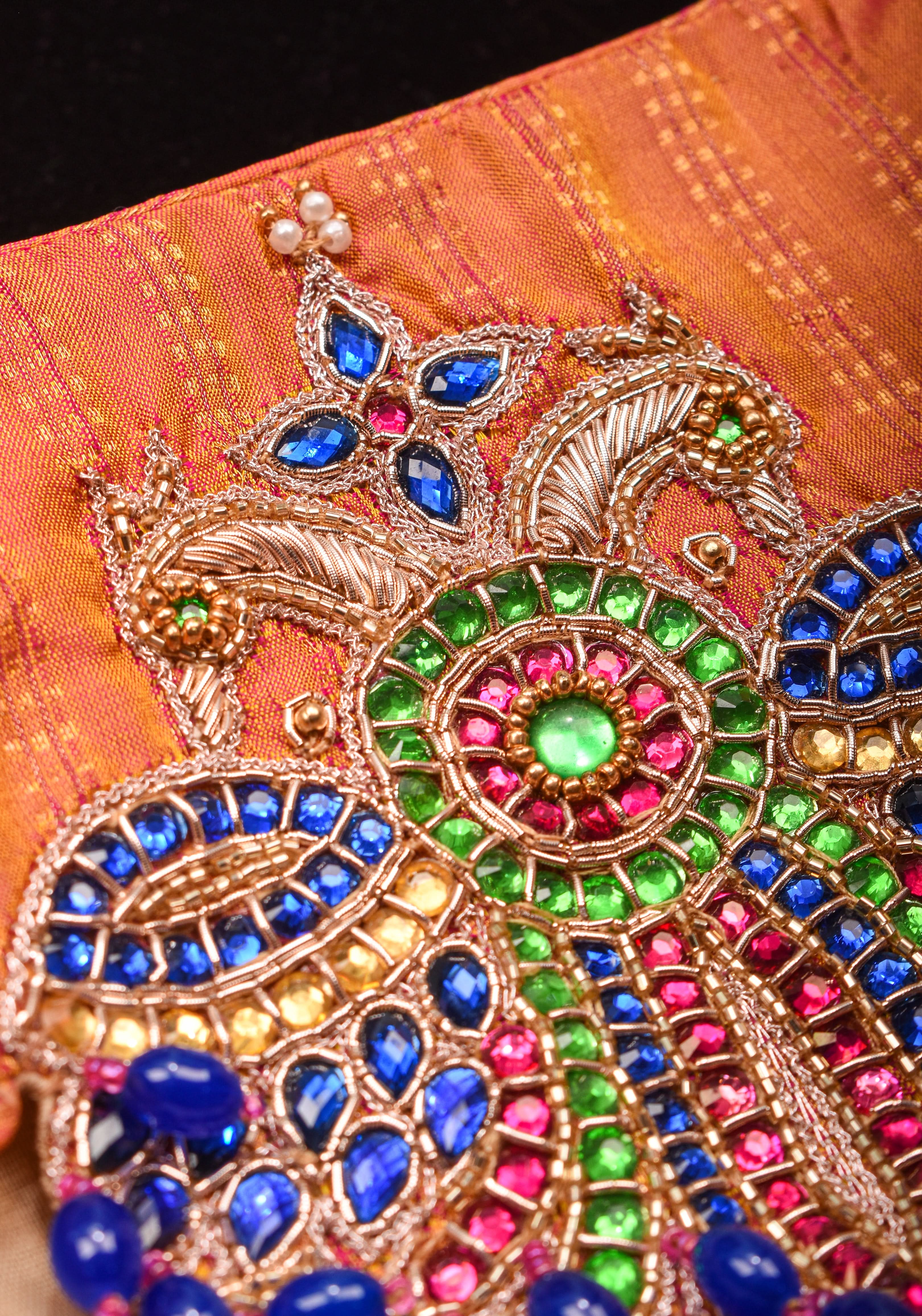 Kesari Mustard Pure Kanjivaram silk blouse with Berunda Hand Kundanwork , Made to Order | Shobitam