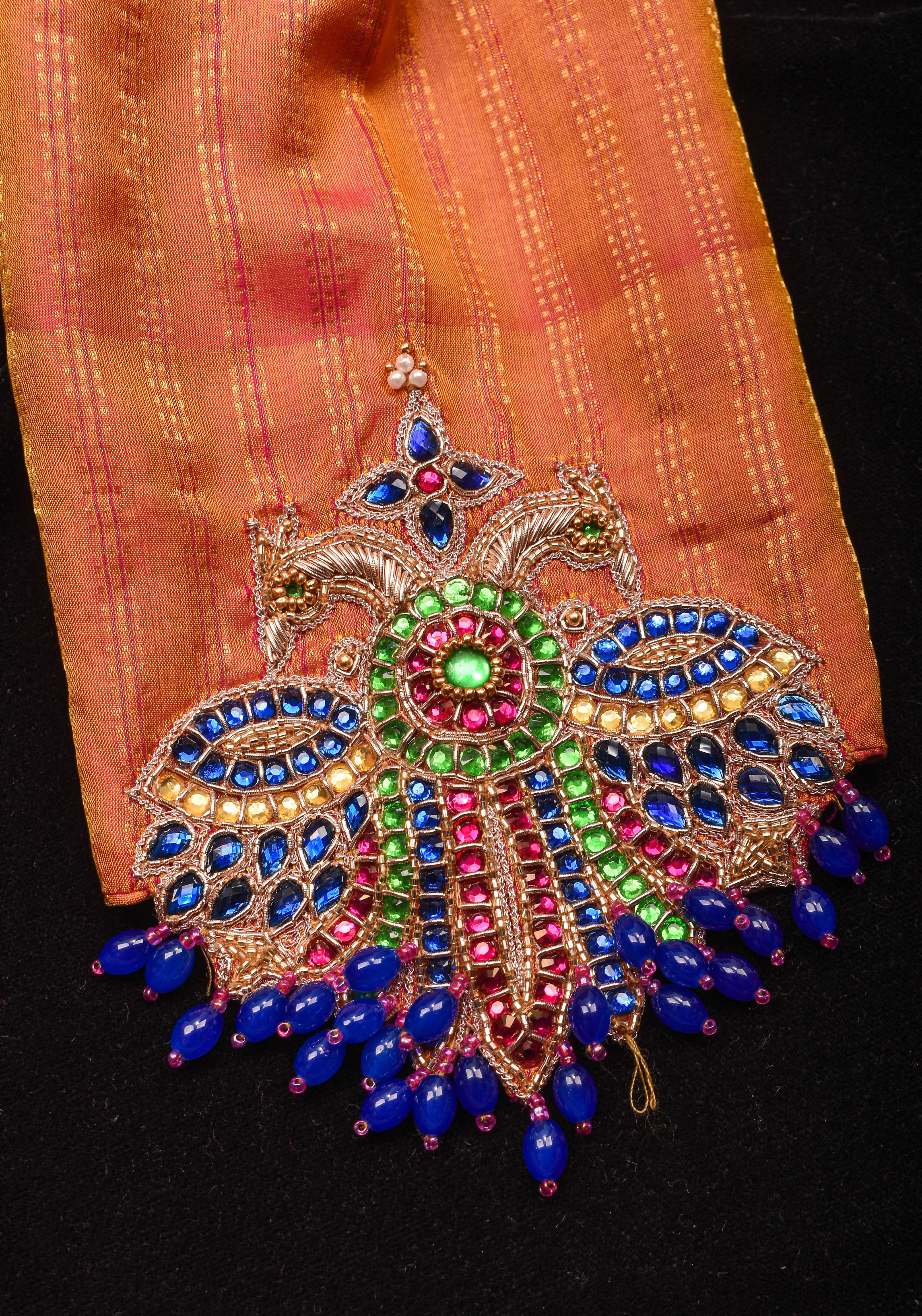 Kesari Mustard Pure Kanjivaram silk blouse with Berunda Hand Kundanwork , Made to Order | Shobitam