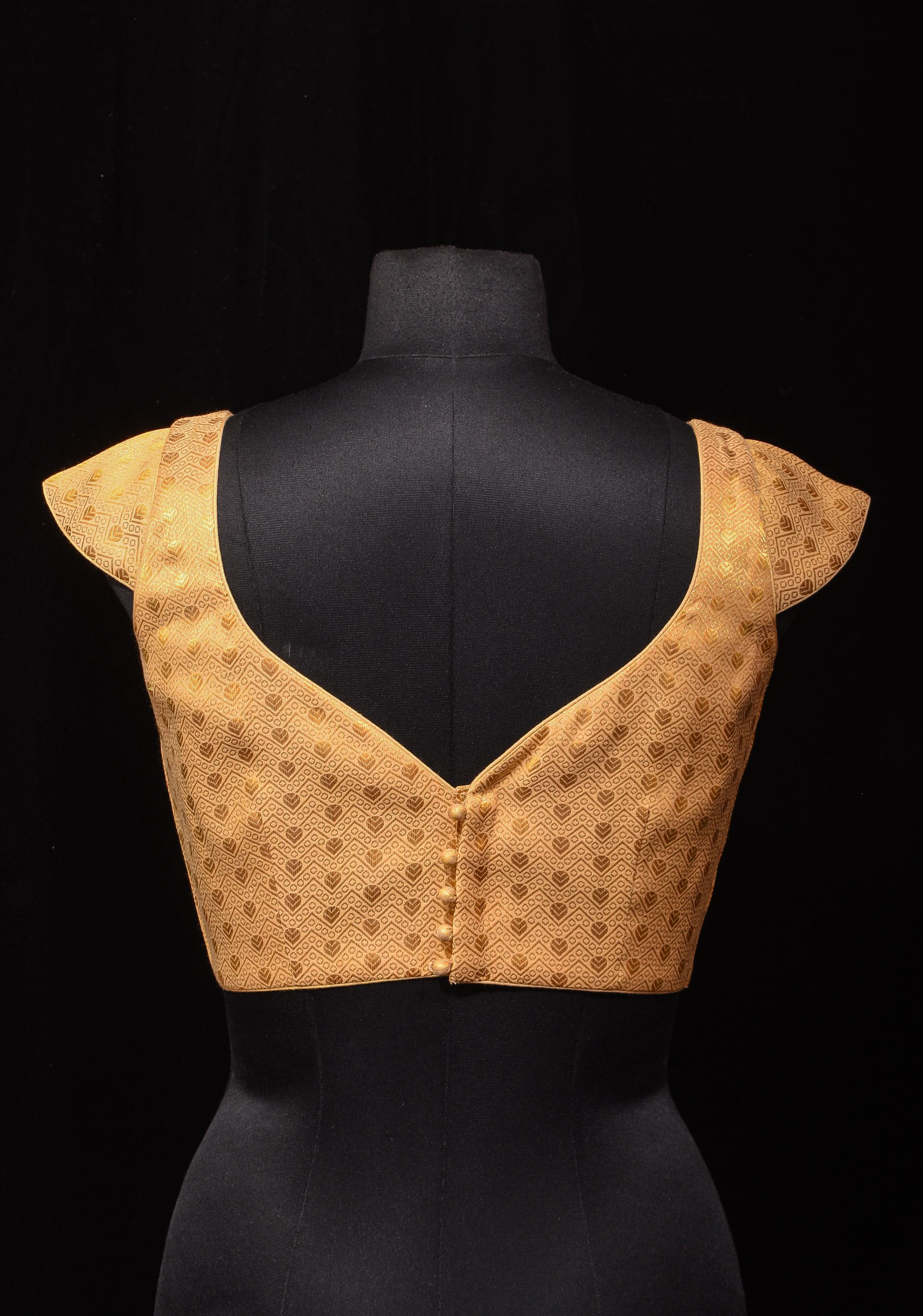 Golden Brocade blouse with Cap Sleeve and Leaf Neck, Customizable, Made To Order | Shobitam