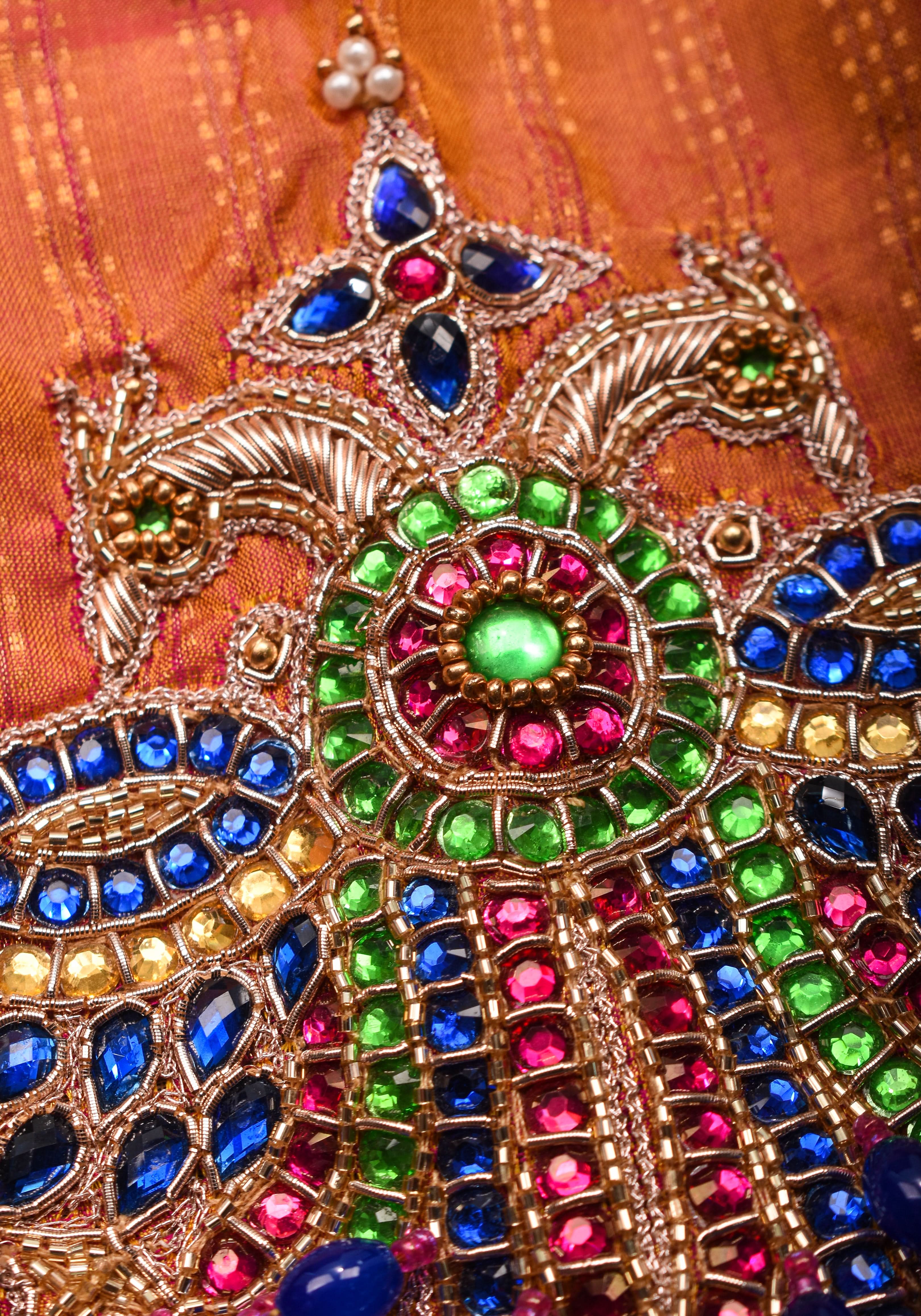 Kesari Mustard Pure Kanjivaram silk blouse with Berunda Hand Kundanwork , Made to Order | Shobitam