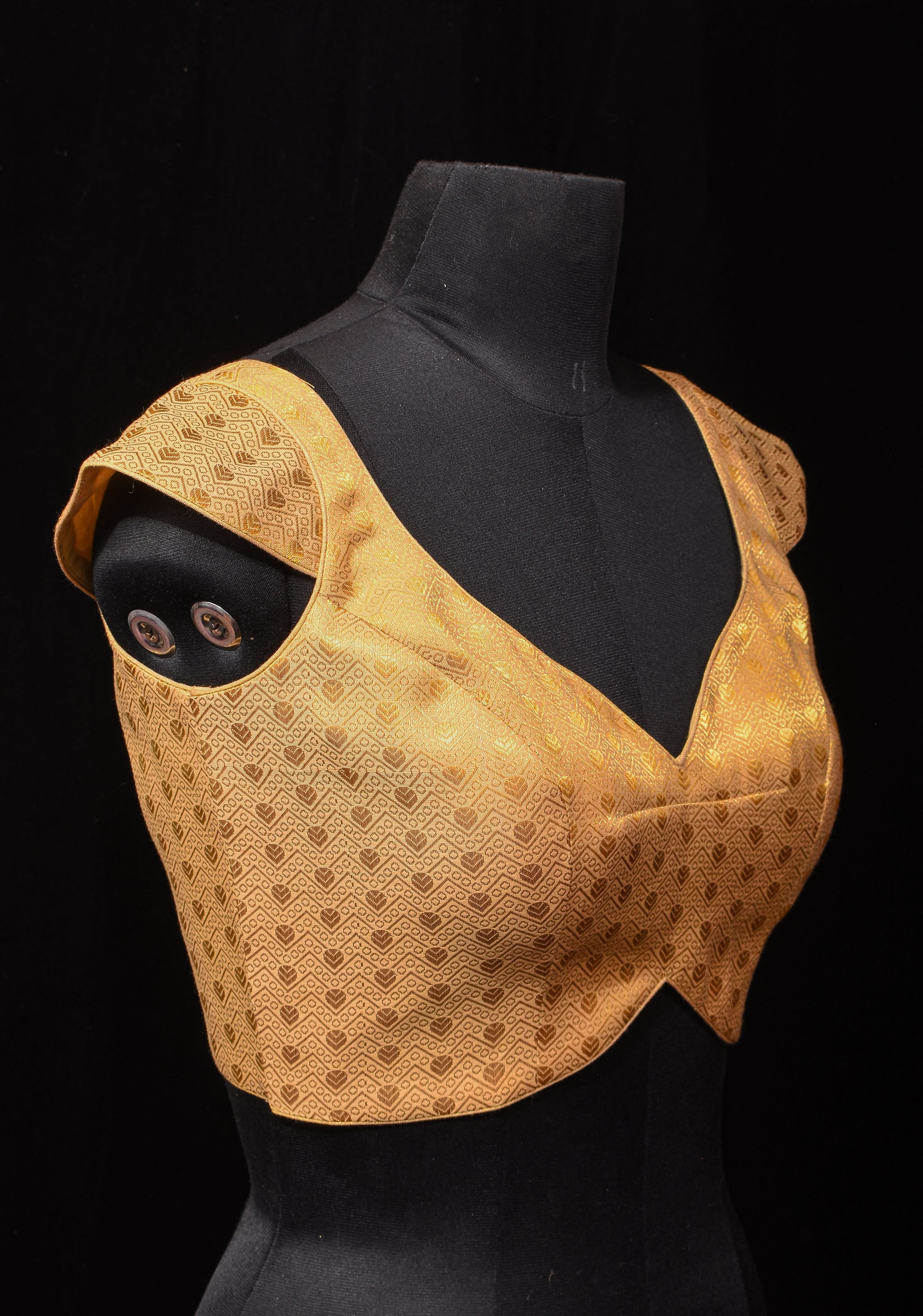 Golden Brocade blouse with Cap Sleeve and Leaf Neck, Customizable, Made To Order | Shobitam