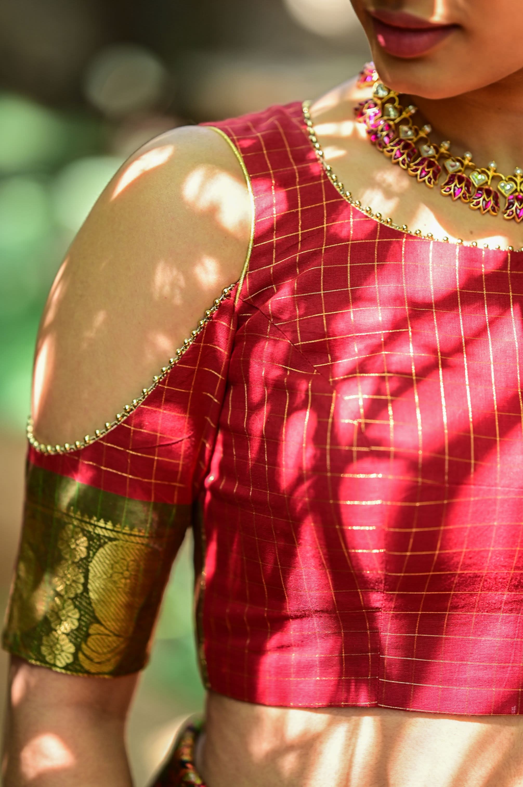 Red checked chettinadu cotton closed U neck with cold shoulder sleeves | Shobitam