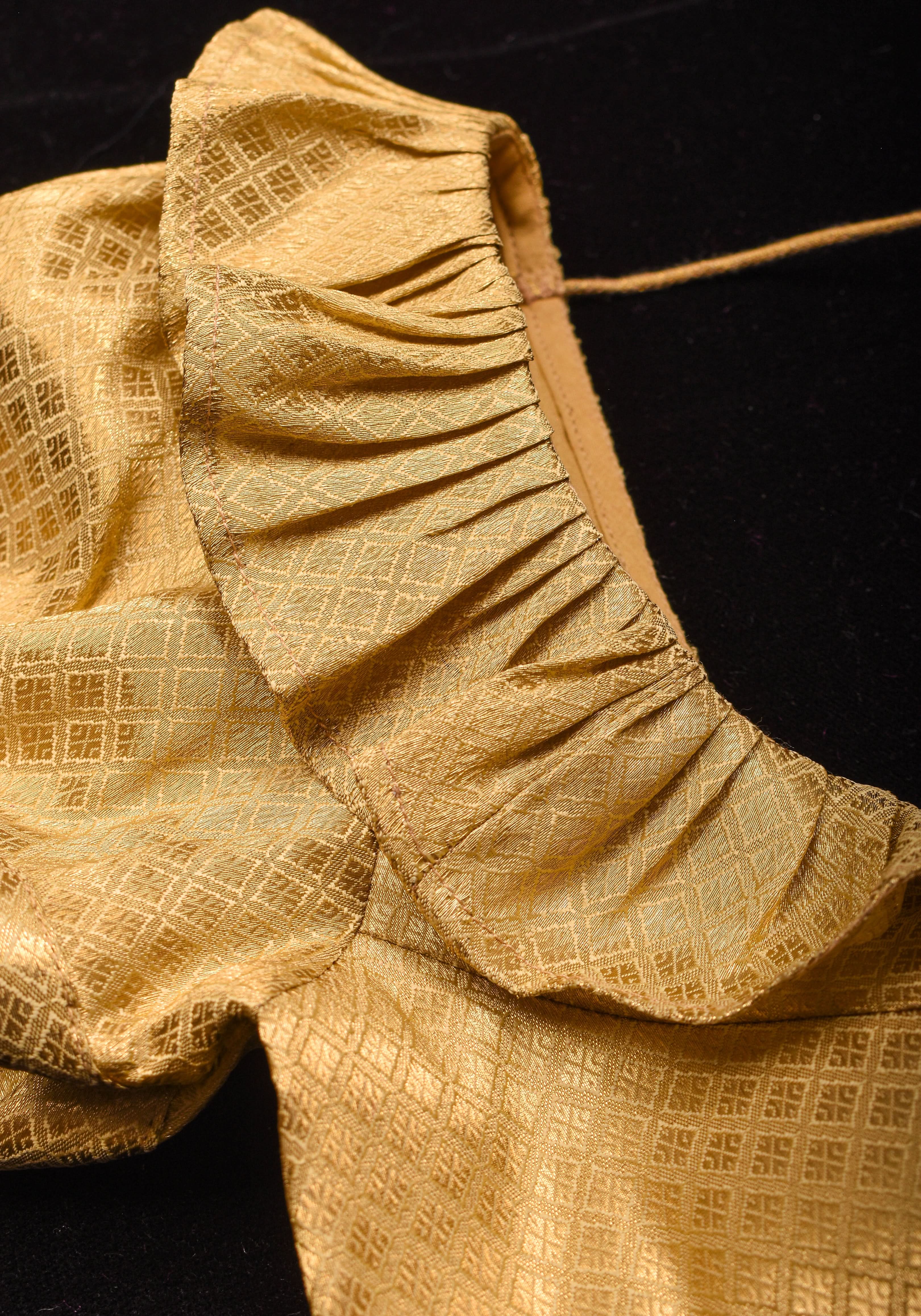 Gold Blouse with Scoop Neck frill detailing and puff sleeves , Made to Order | Shobitam