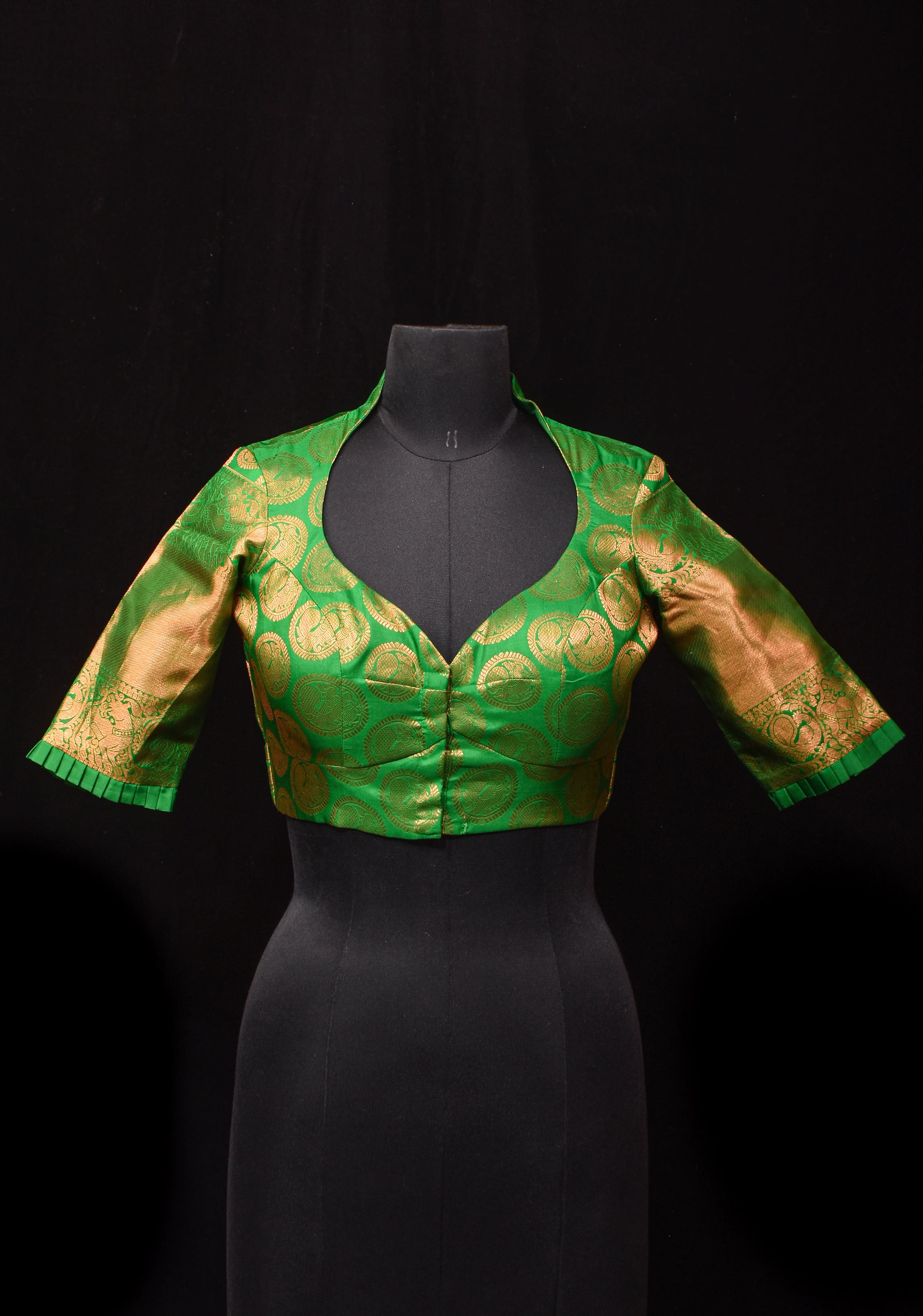 Leaf Green Pure Silk Kanjivaram Brocade Blouse with rising sun cutout and Potli Button detailing, Made to Order, Customization | Shobitam