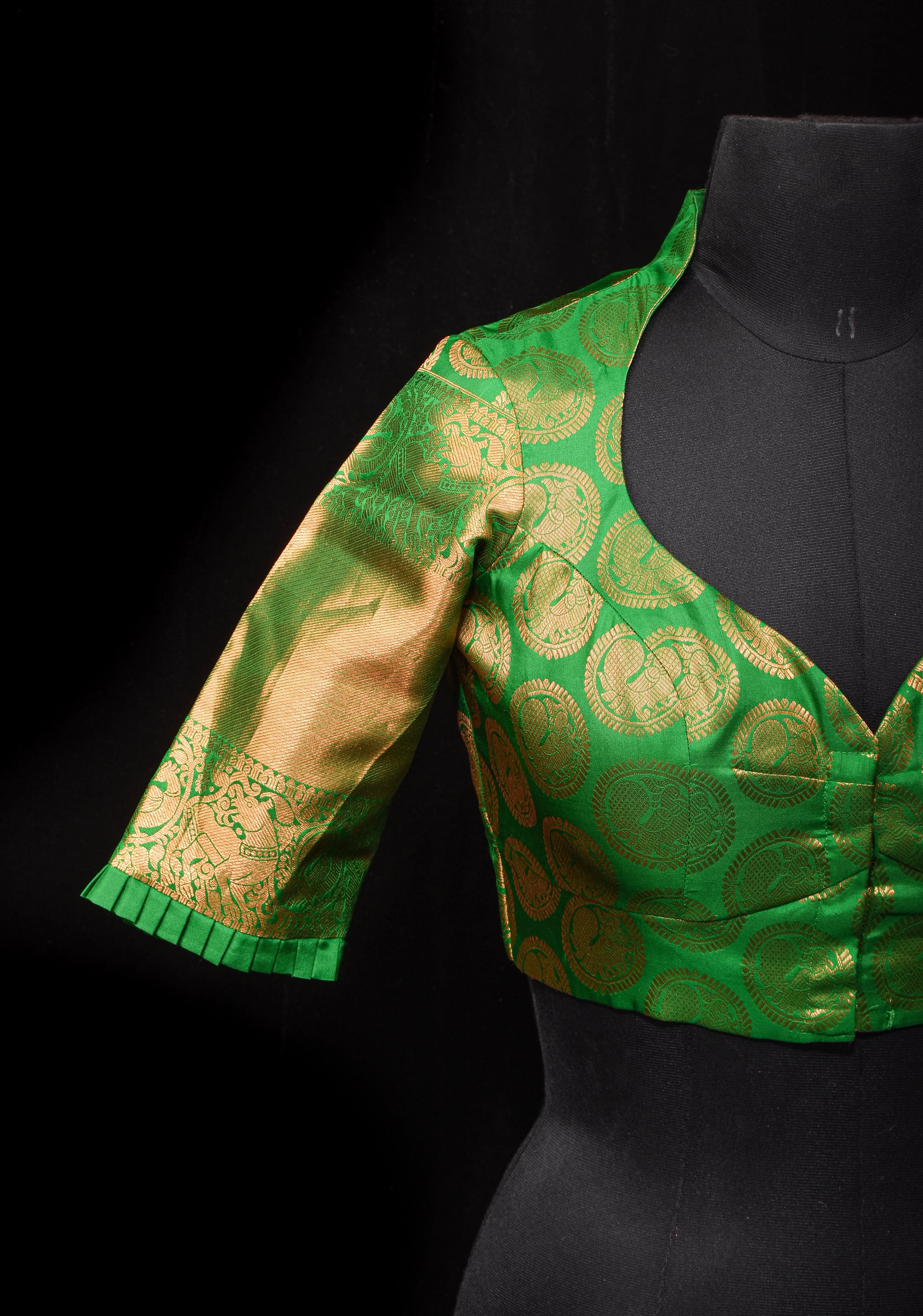 Leaf Green Pure Silk Kanjivaram Brocade Blouse with rising sun cutout and Potli Button detailing, Made to Order, Customization | Shobitam