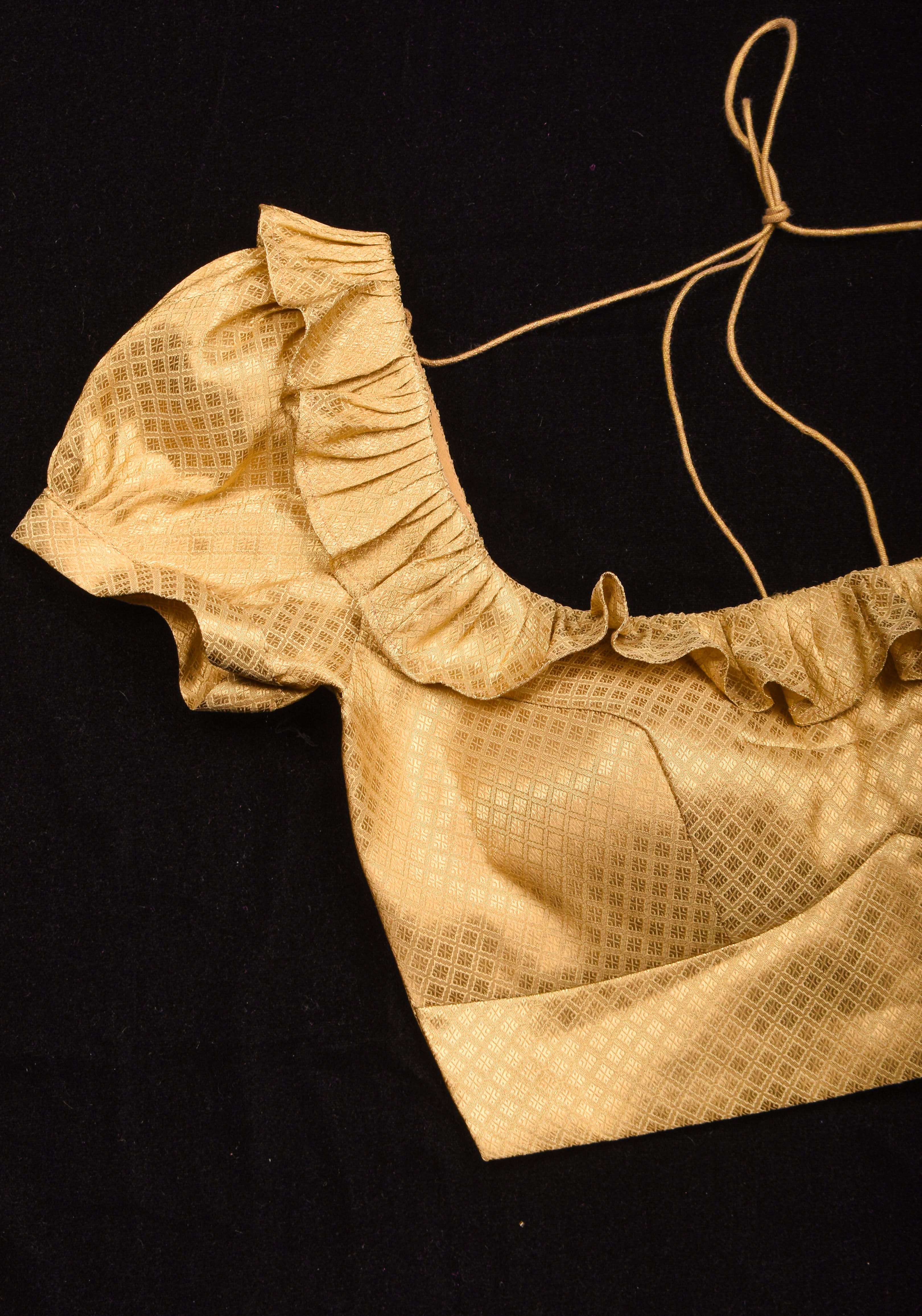 Gold Blouse with Scoop Neck frill detailing and puff sleeves , Made to Order | Shobitam