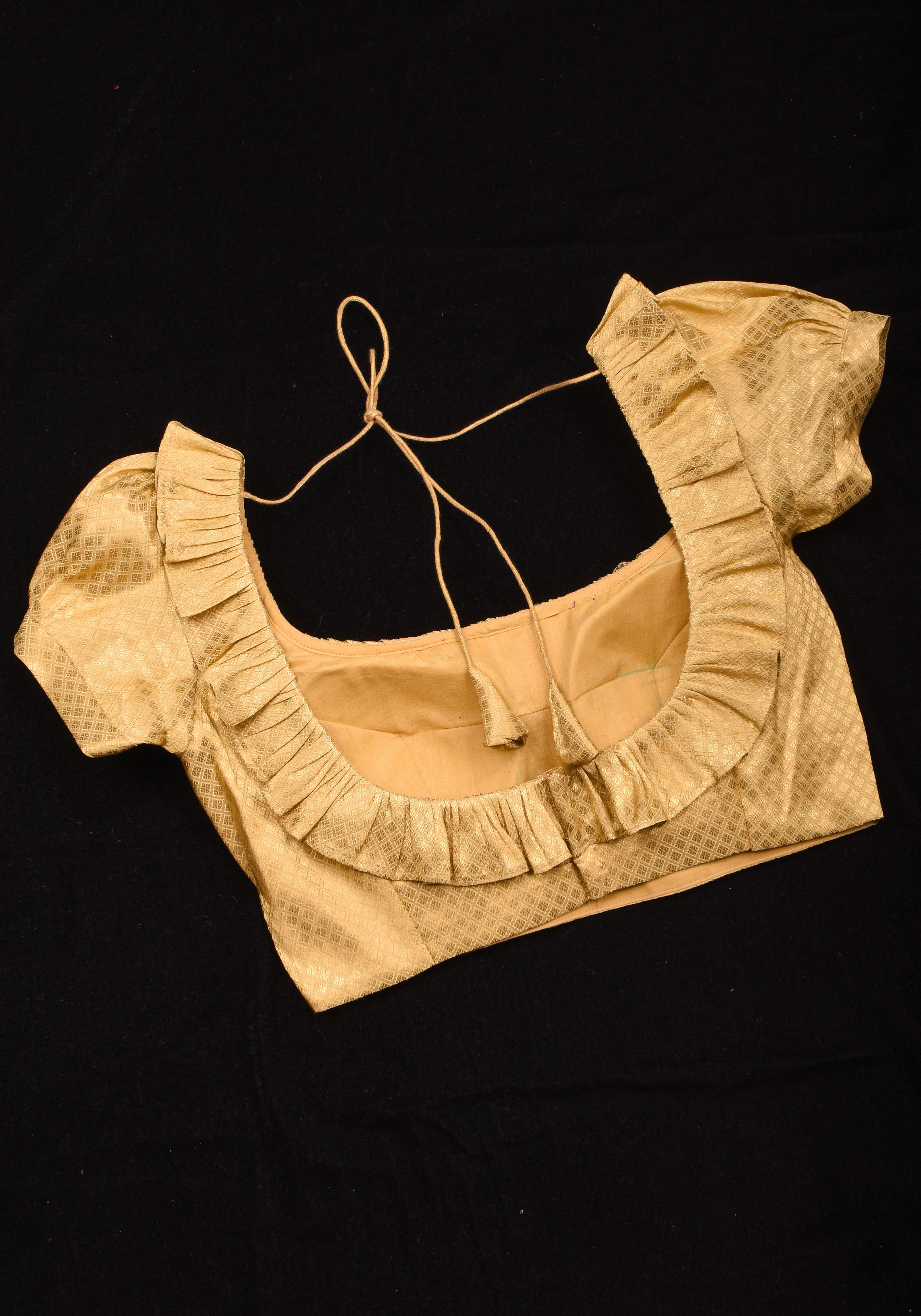 Gold Blouse with Scoop Neck frill detailing and puff sleeves , Made to Order | Shobitam