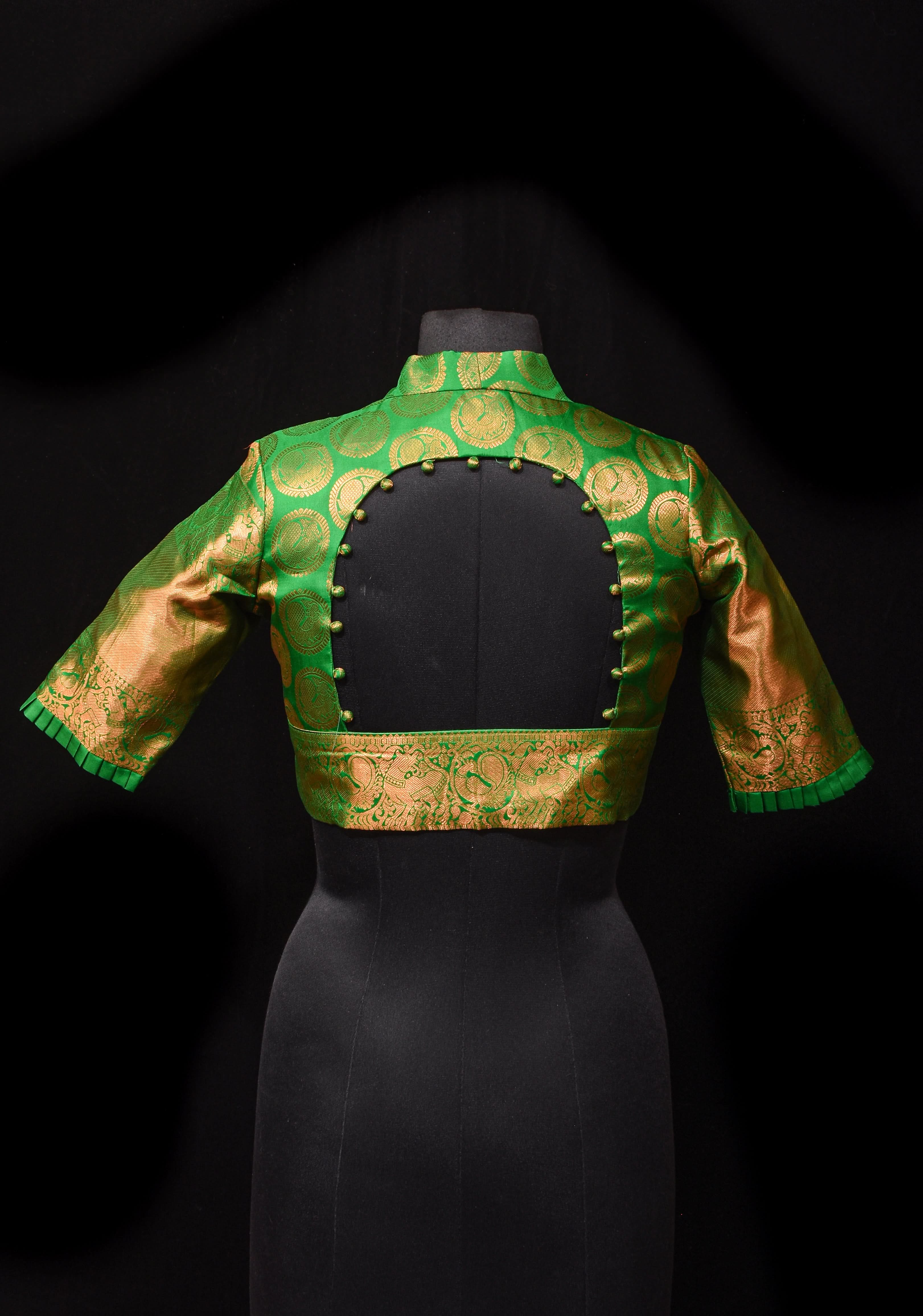 Leaf Green Pure Silk Kanjivaram Brocade Blouse with rising sun cutout and Potli Button detailing, Made to Order, Customization | Shobitam