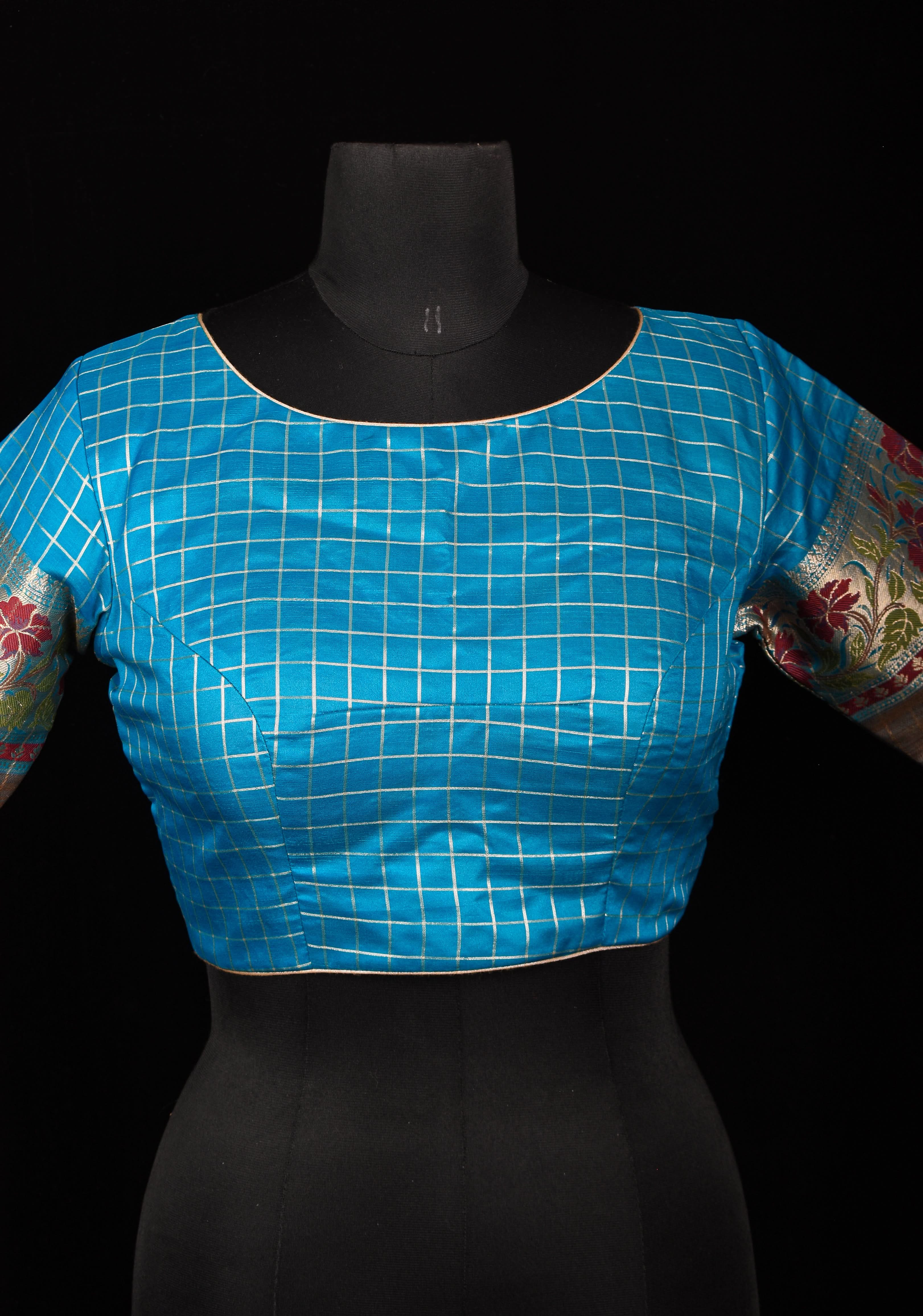 Size 38: Blue Zari Checks Cotton Blouse with meenakari zari border Sleeve | Shobitam