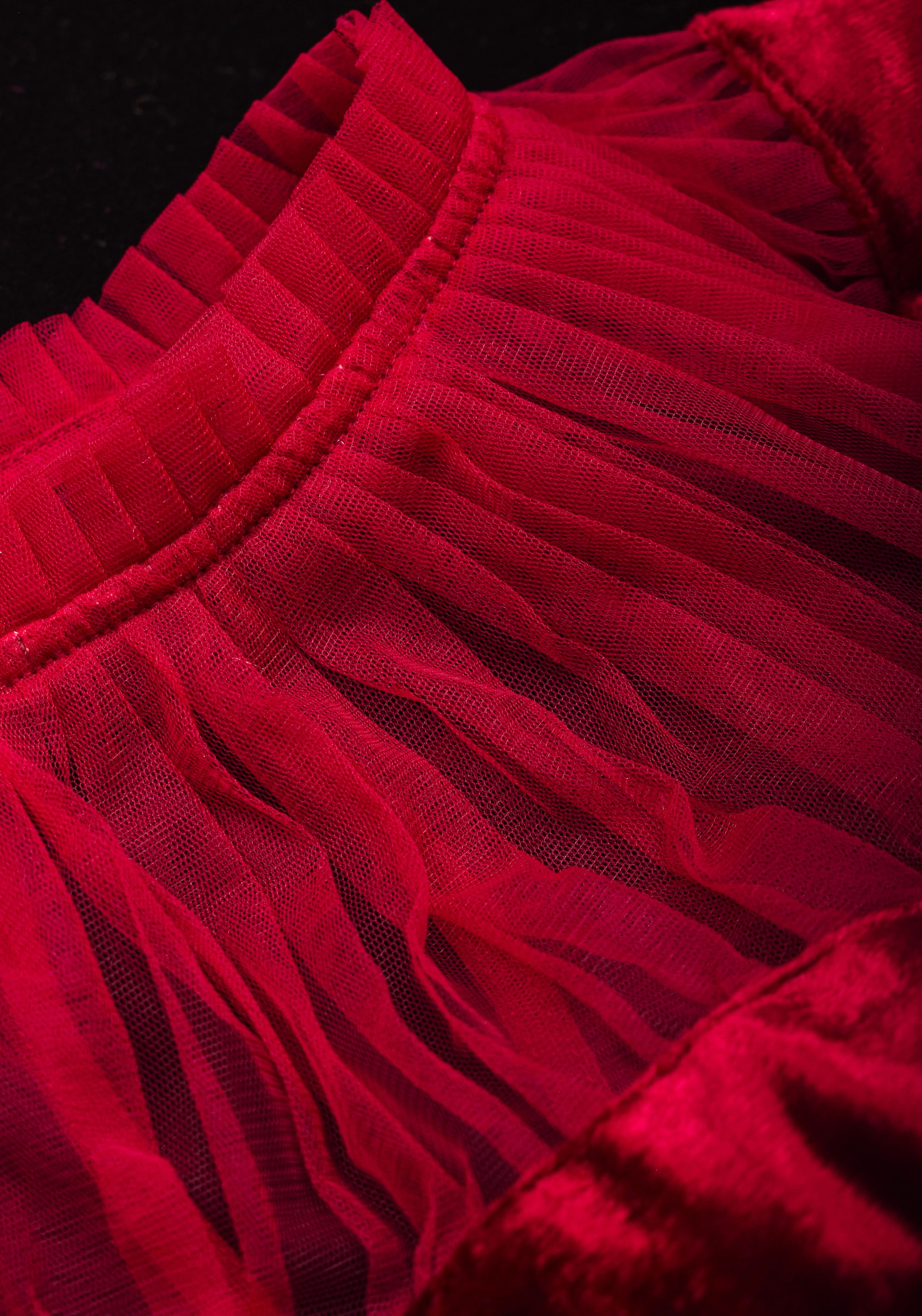 Pomegranate Red Velvet Blouse with Gathered Net Illusion Neck, Made to order | Shobitam