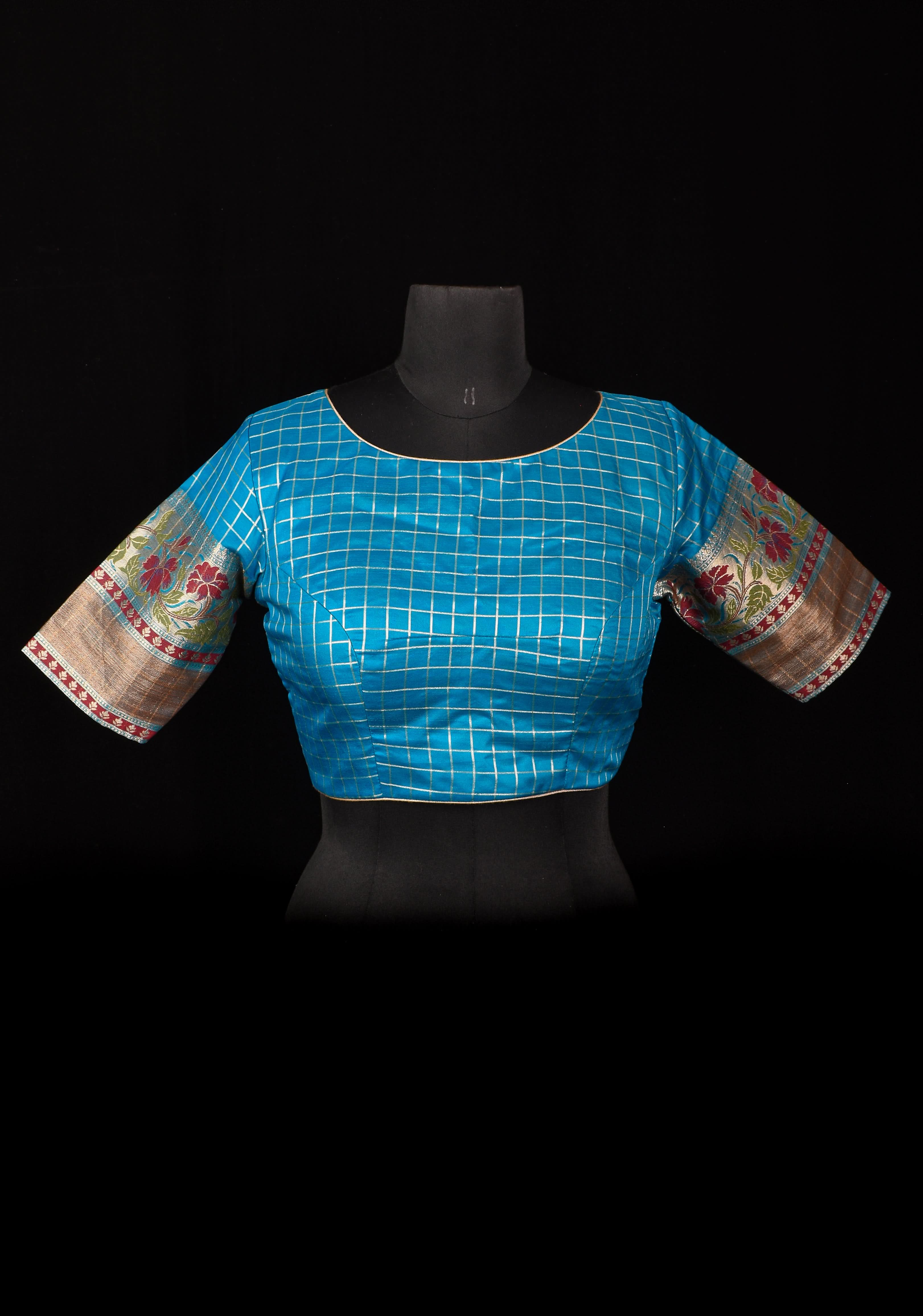 Size 38: Blue Zari Checks Cotton Blouse with meenakari zari border Sleeve | Shobitam