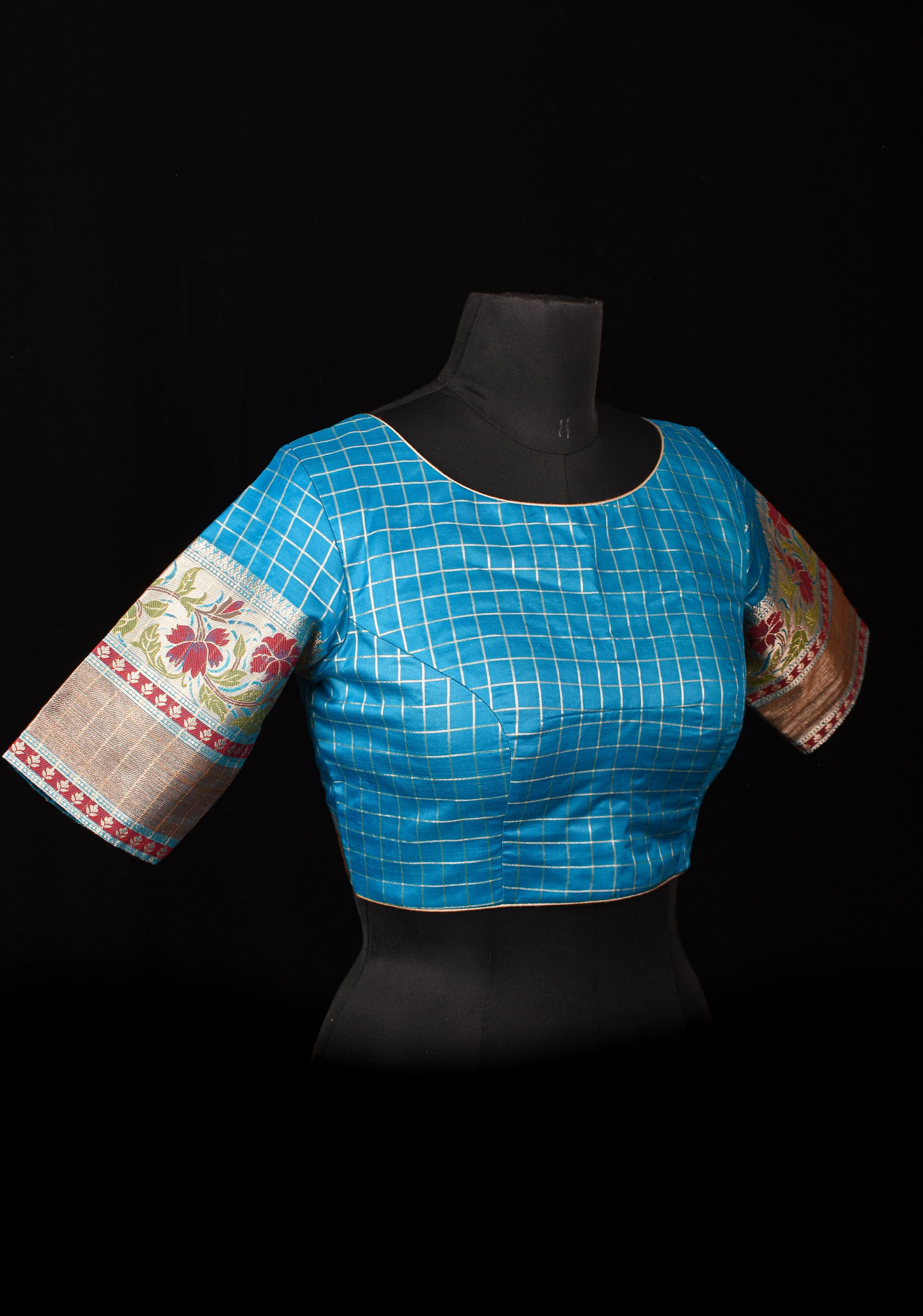 Size 38: Blue Zari Checks Cotton Blouse with meenakari zari border Sleeve | Shobitam