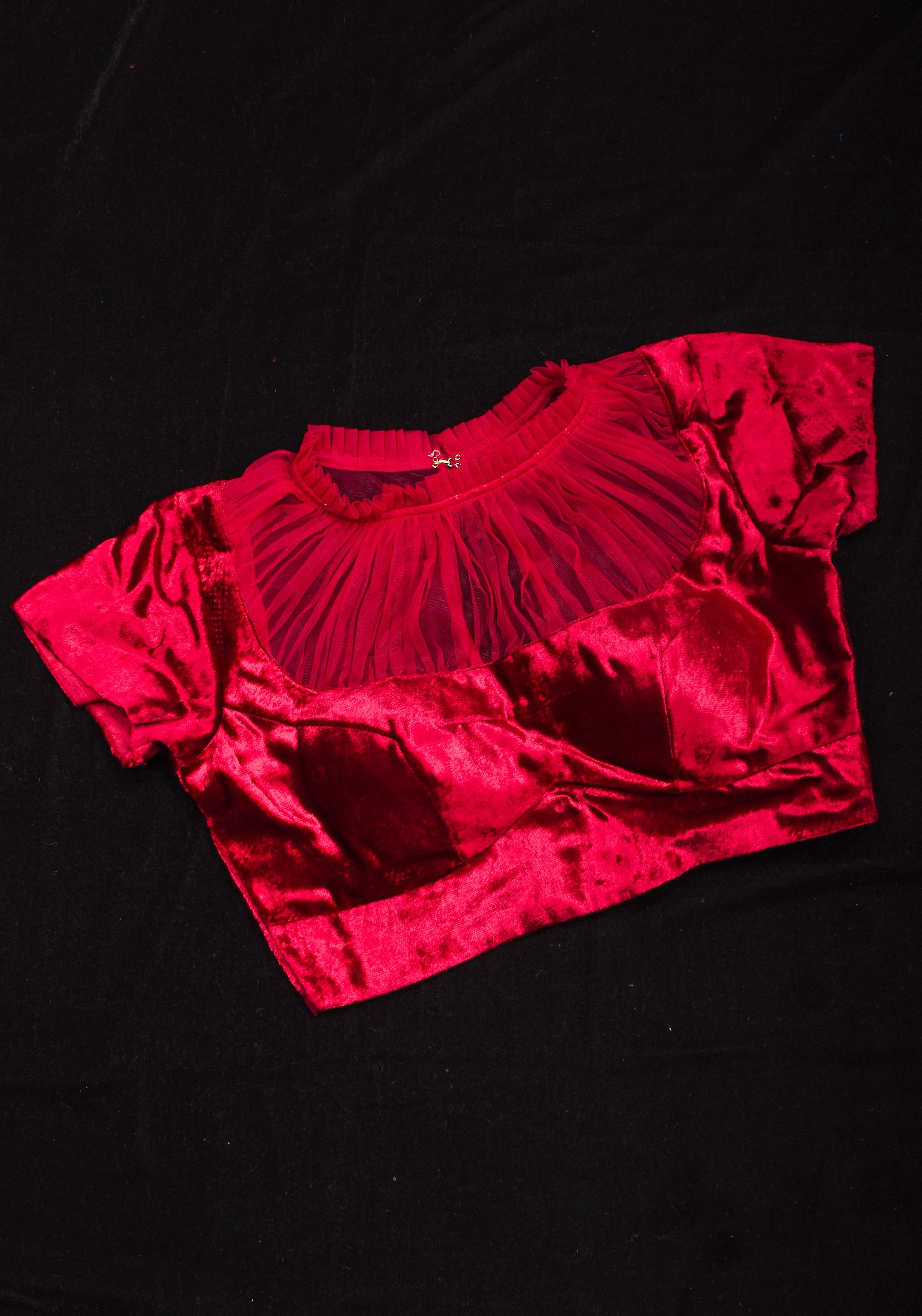 Pomegranate Red Velvet Blouse with Gathered Net Illusion Neck, Made to order | Shobitam