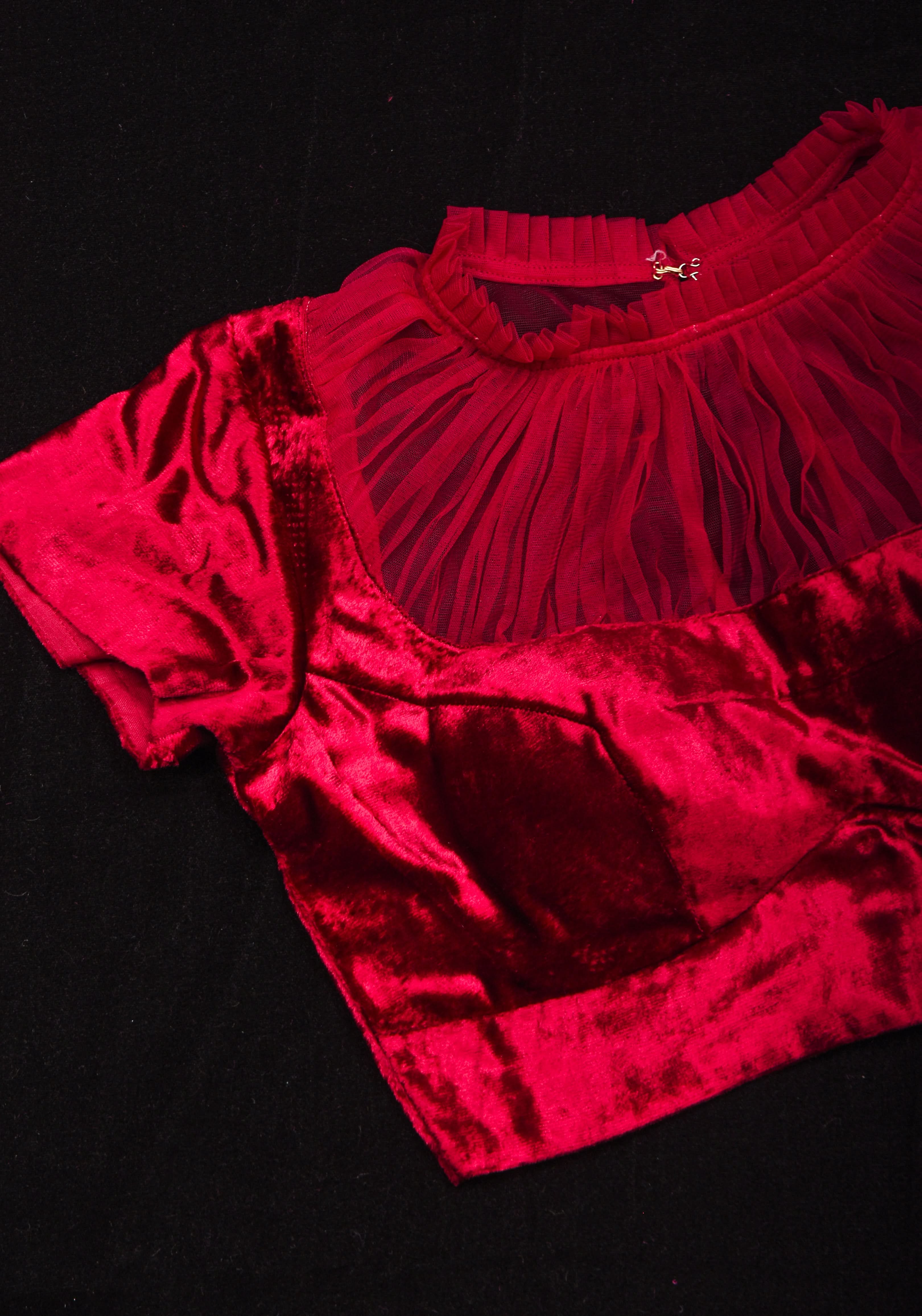 Pomegranate Red Velvet Blouse with Gathered Net Illusion Neck, Made to order | Shobitam