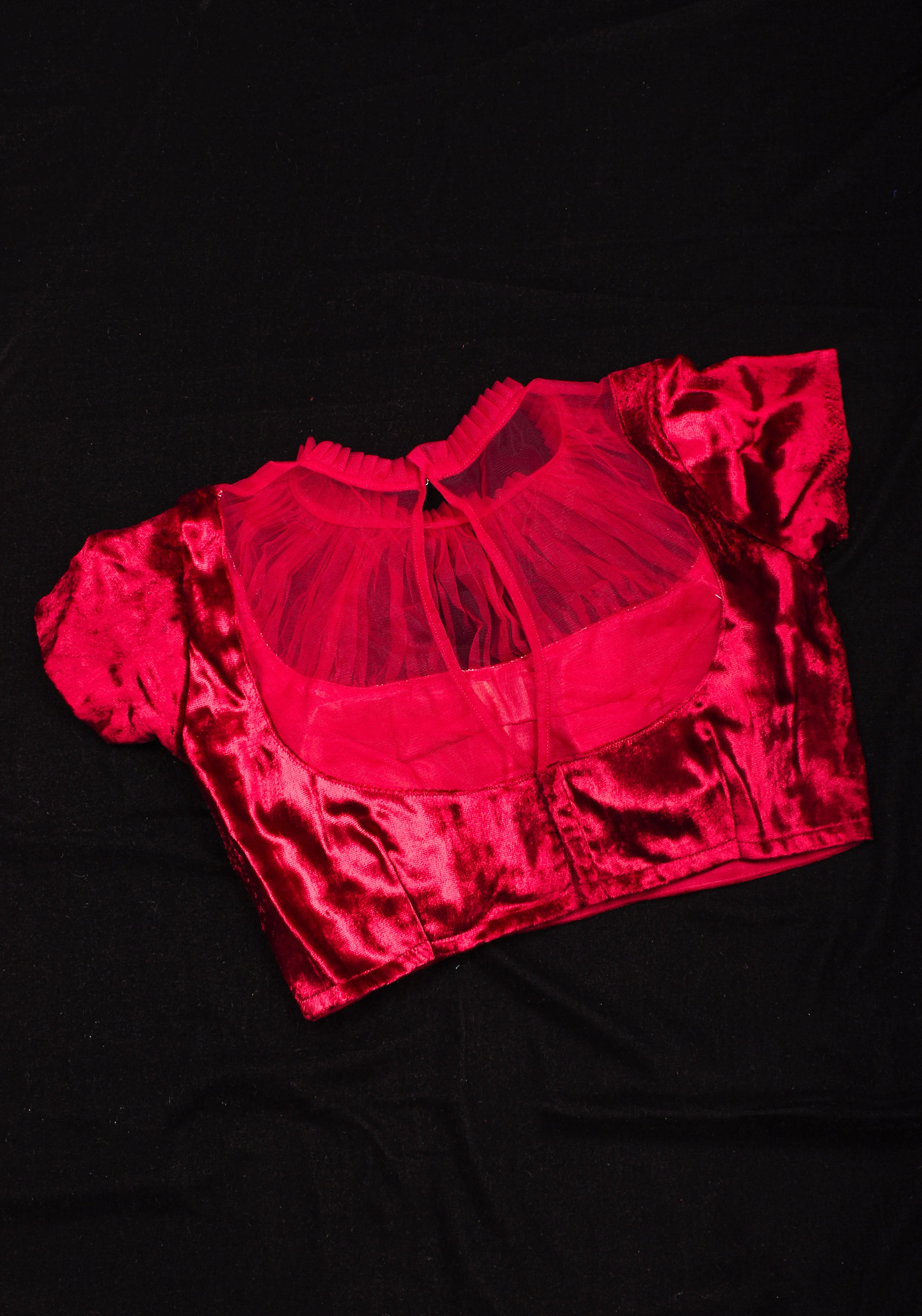 Pomegranate Red Velvet Blouse with Gathered Net Illusion Neck, Made to order | Shobitam