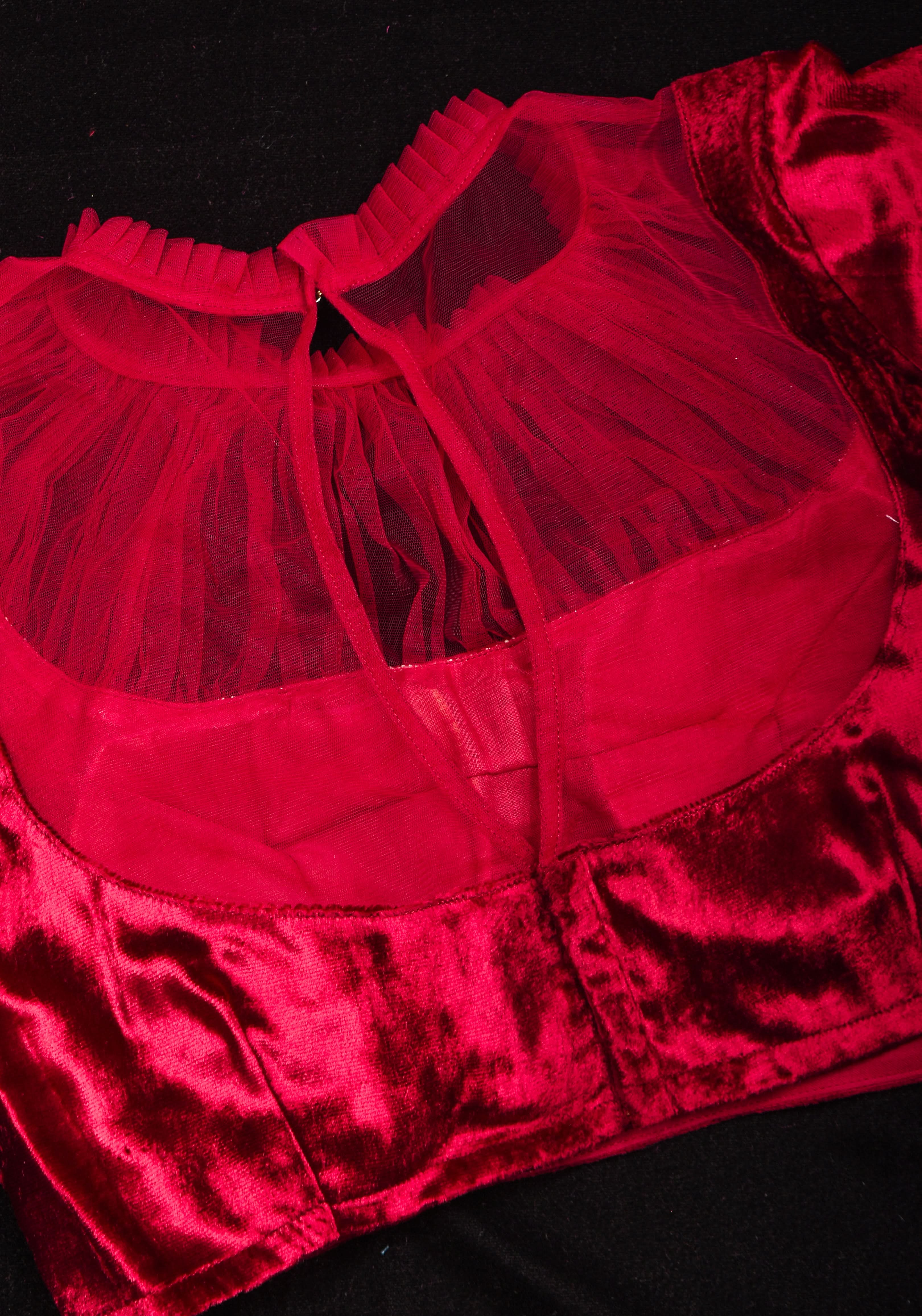 Pomegranate Red Velvet Blouse with Gathered Net Illusion Neck, Made to order | Shobitam