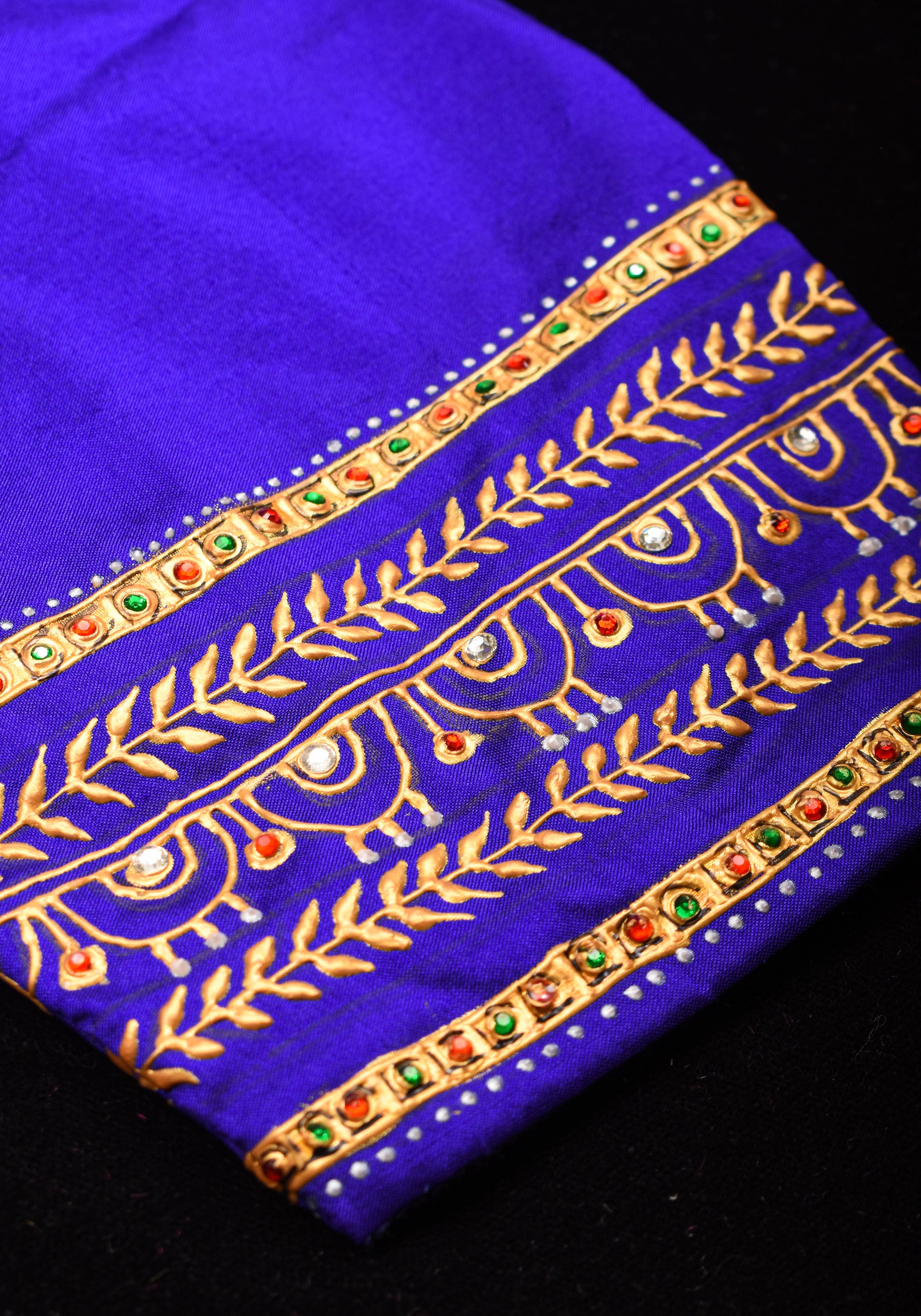 Baby Krishna and Yashodha - Tanjore Handpainting with hand embellished stones and 3d work on Pure silk Purple Blouse, Made to Order | Shobitam