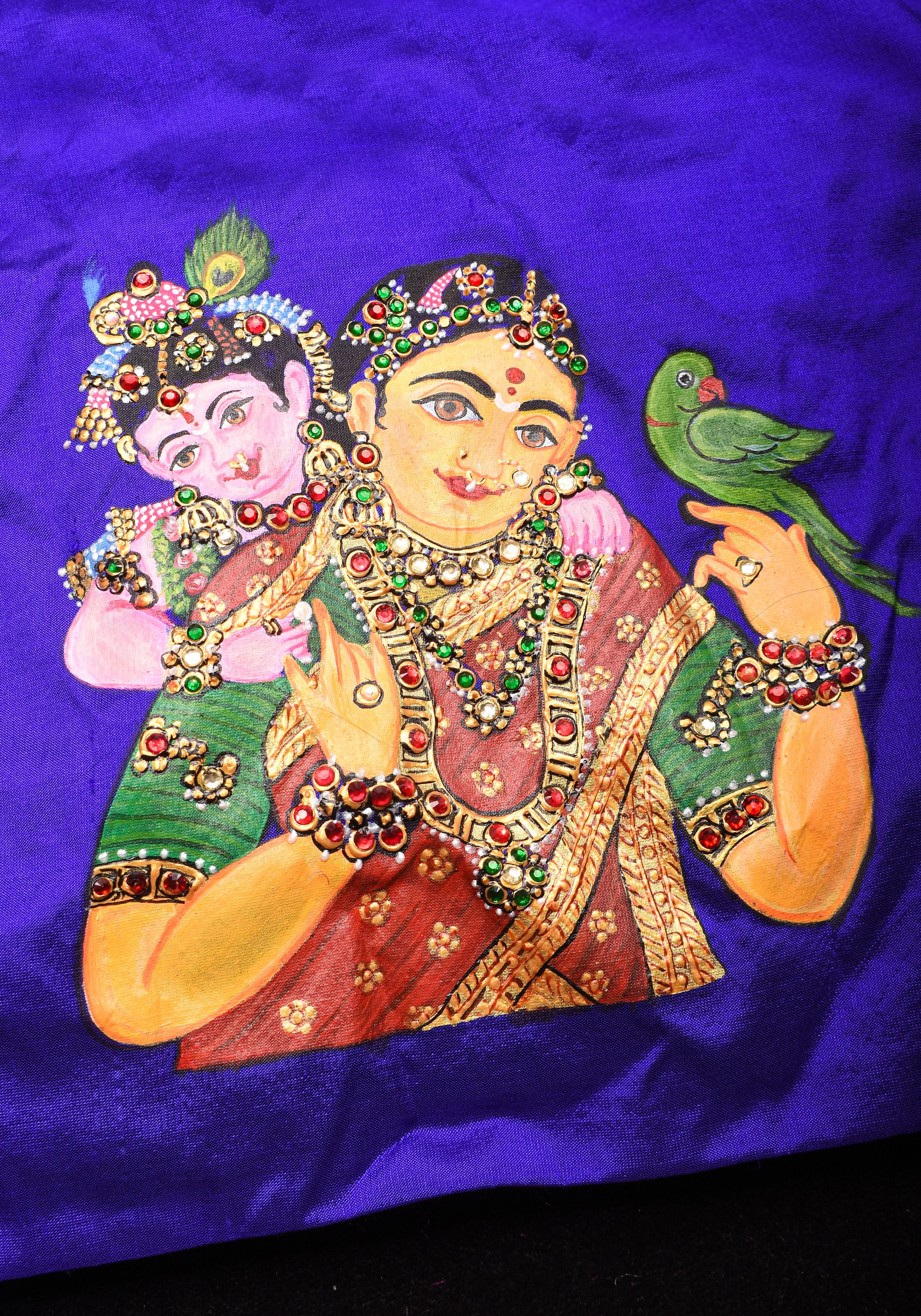 Baby Krishna and Yashodha - Tanjore Handpainting with hand embellished stones and 3d work on Pure silk Purple Blouse, Made to Order | Shobitam