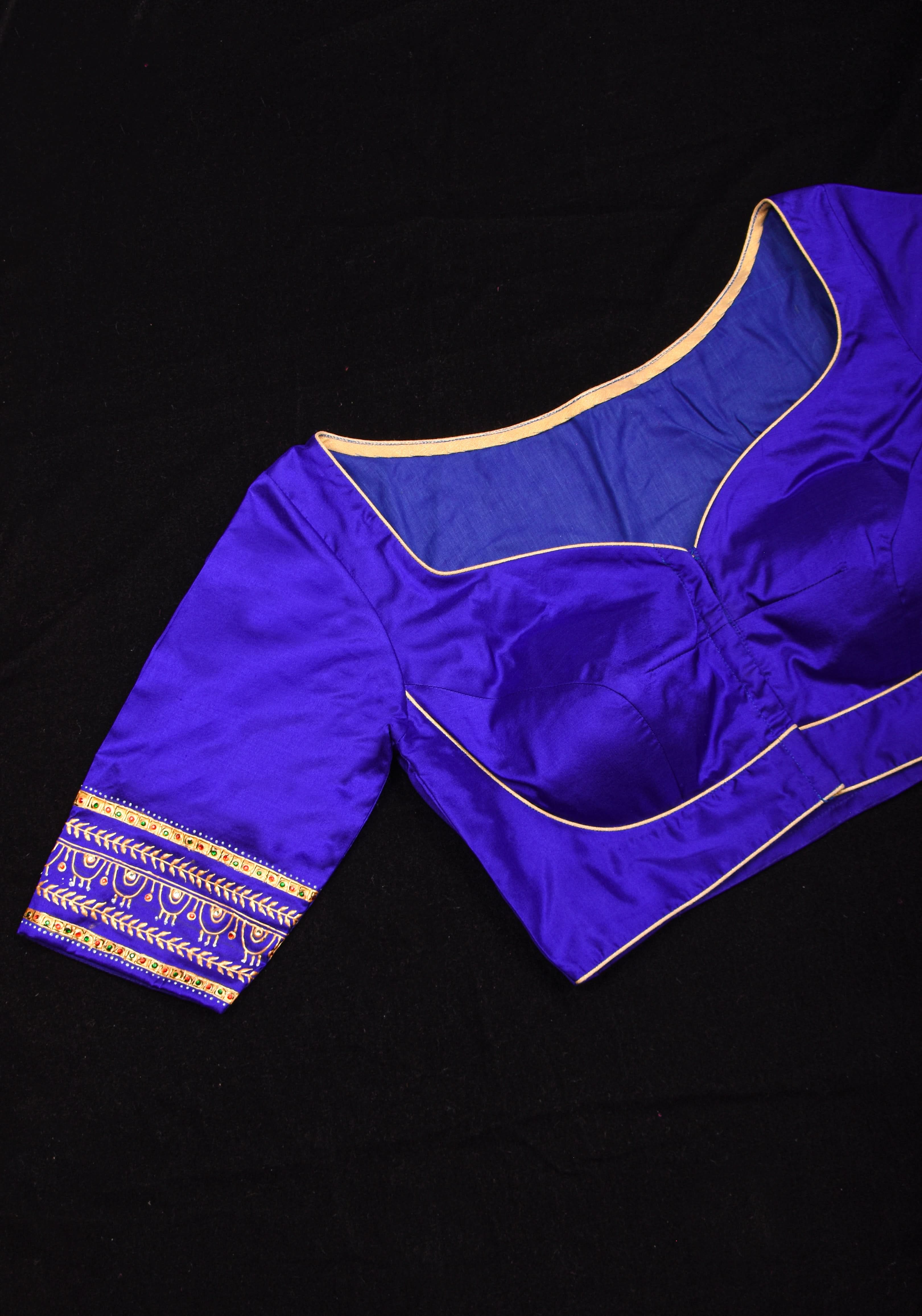 Baby Krishna and Yashodha - Tanjore Handpainting with hand embellished stones and 3d work on Pure silk Purple Blouse, Made to Order | Shobitam